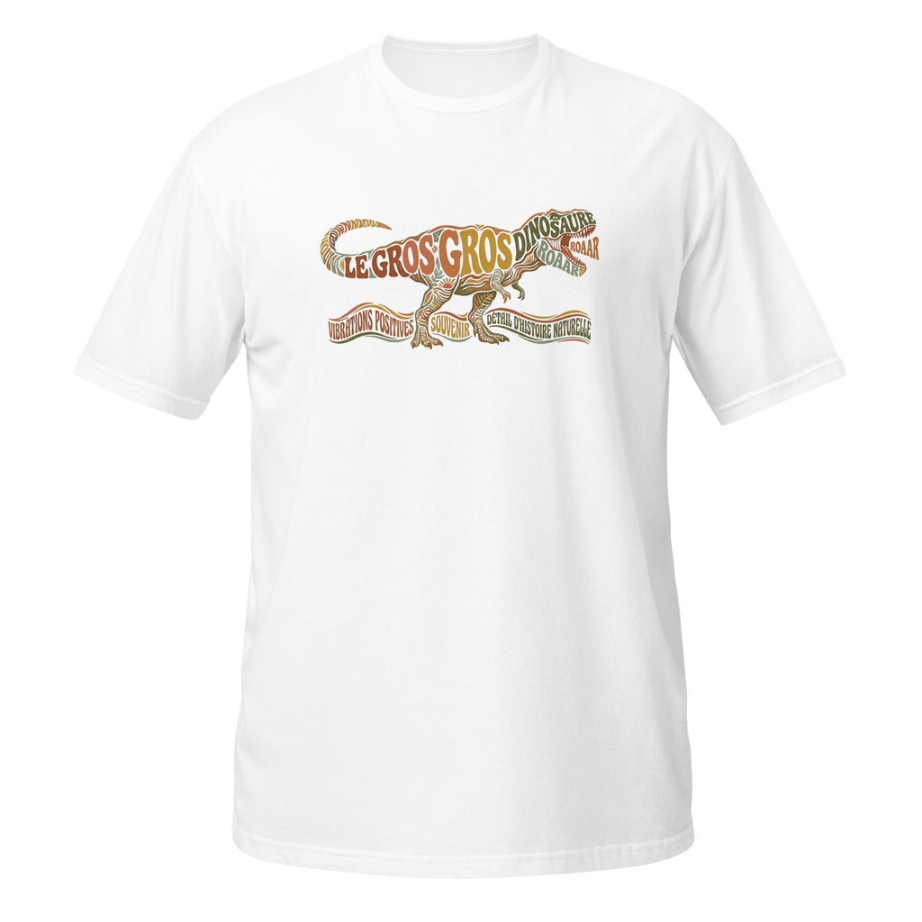 T-shirt blanc dinosaure au design typographique rétro "Le Gros Gros Dinosaure" avec T-Rex coloré