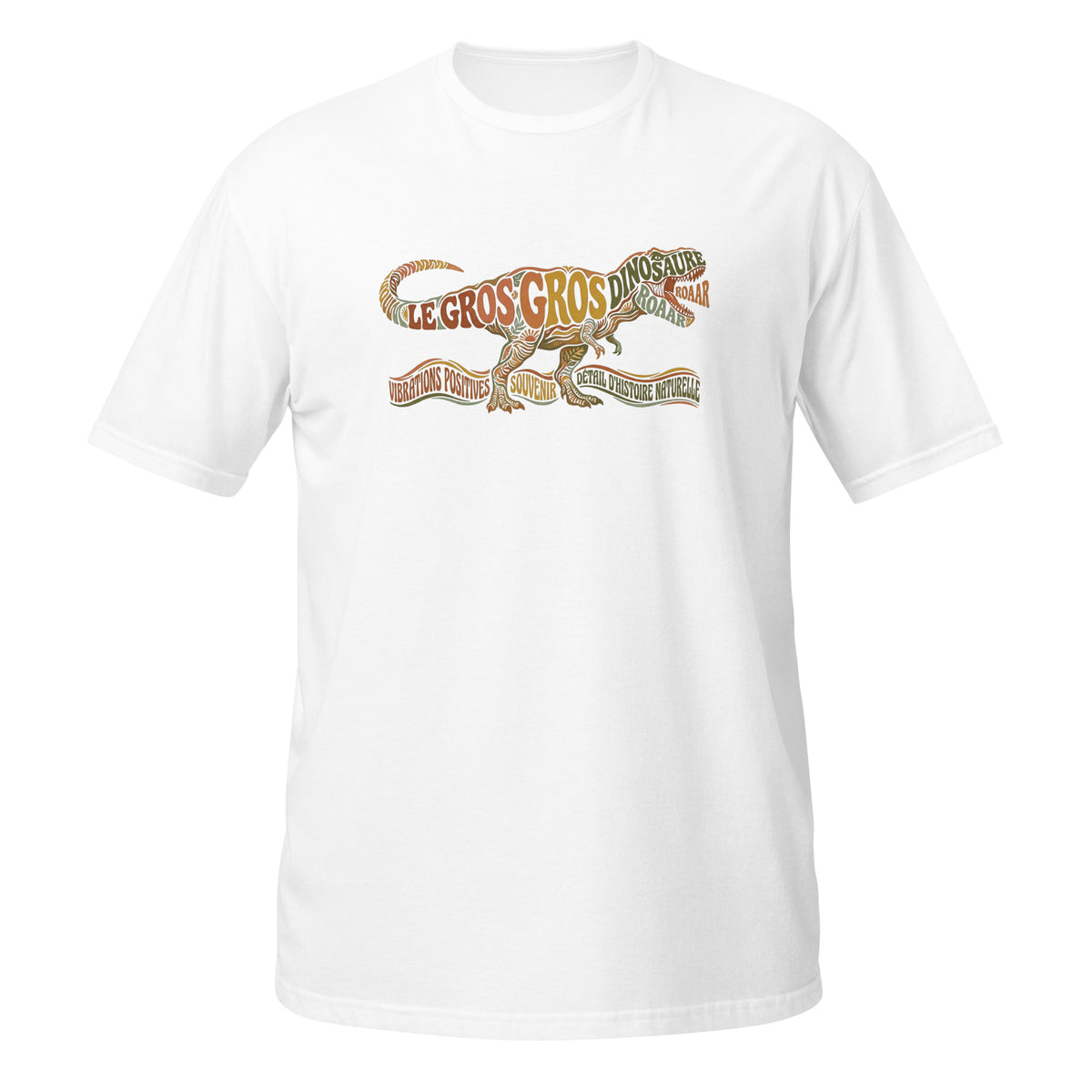 T-shirt blanc dinosaure au design typographique rétro "Le Gros Gros Dinosaure" avec T-Rex coloré