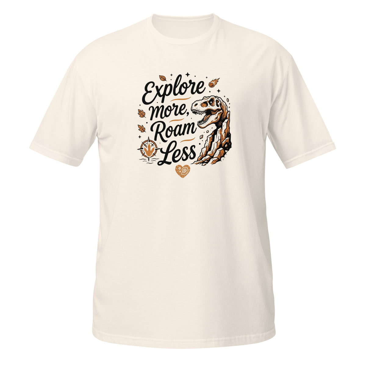 T-shirt écru à manches courtes avec illustration T-Rex fossile et texte "Explore more, roam less"