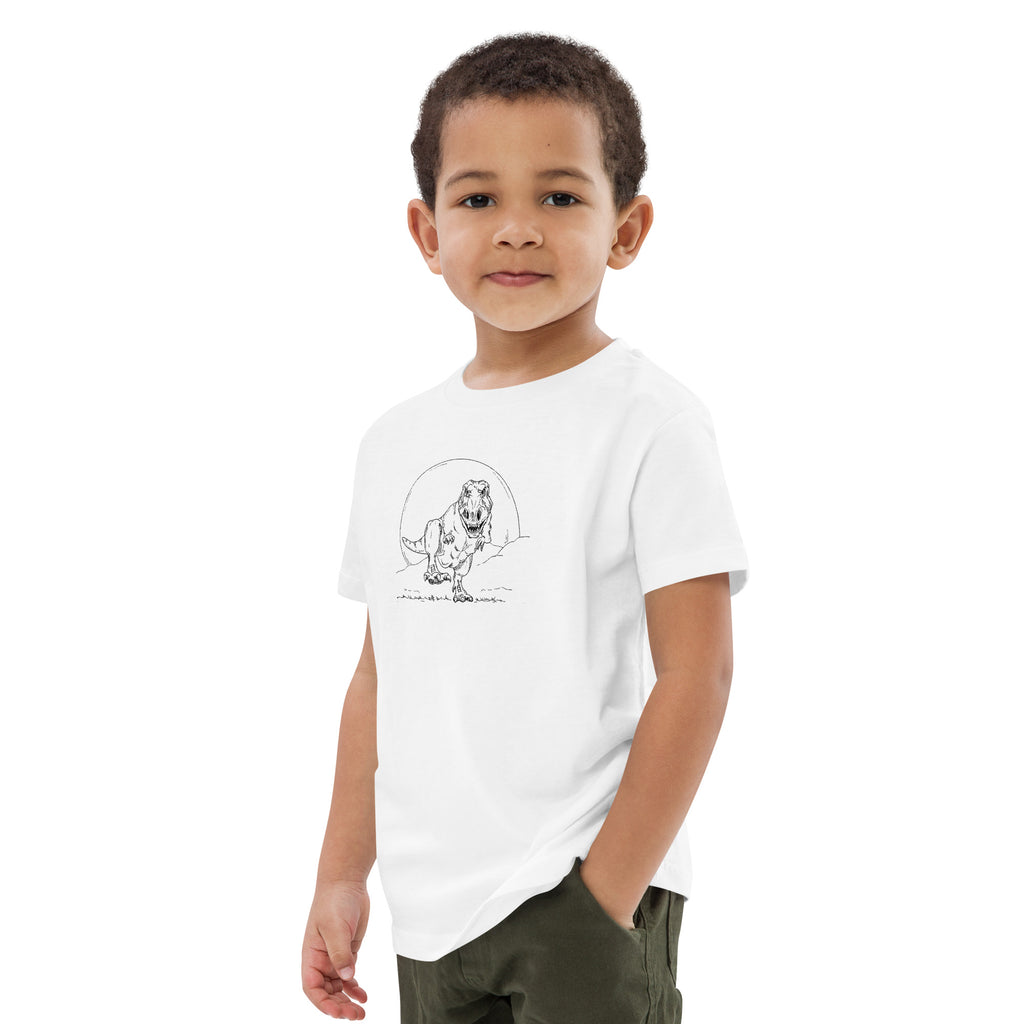 T-shirt blanc enfant présenté côté gauche illustration Tyrannosaure Rex dessin ligne dinosaure paléontologie