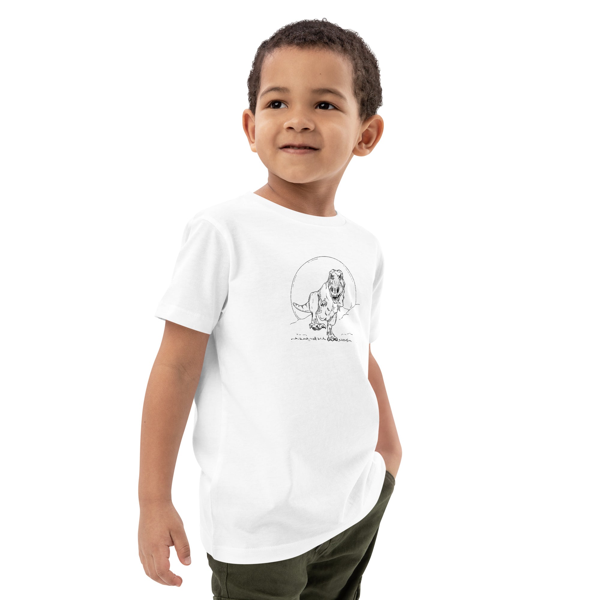 T-shirt blanc enfant présenté côté illustration Tyrannosaure Rex dessin ligne dinosaure paléontologie
