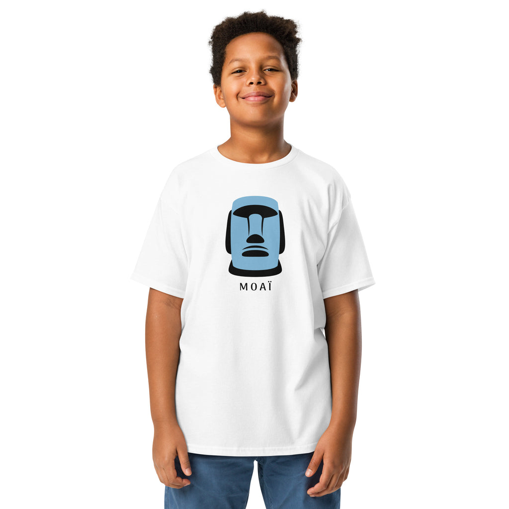 T-shirt blanc illustration Moaï statue Île de Pâques design graphique