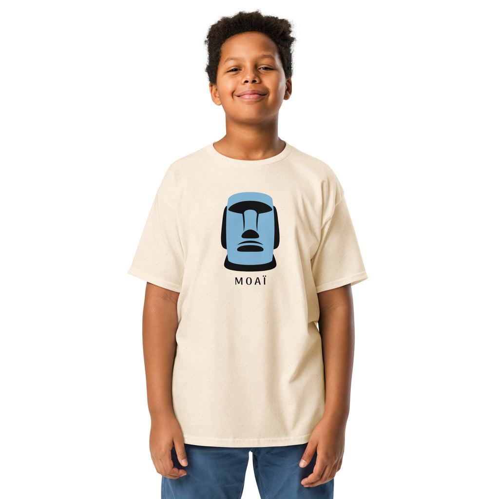 T-shirt jaune clair illustration Moaï statue Île de Pâques design graphique