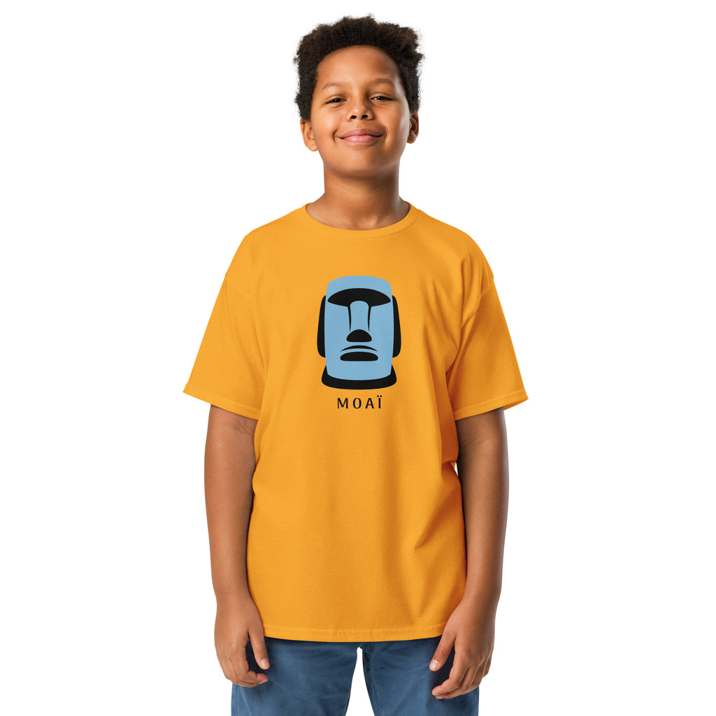 T-shirt jaune illustration Moaï statue Île de Pâques design graphique