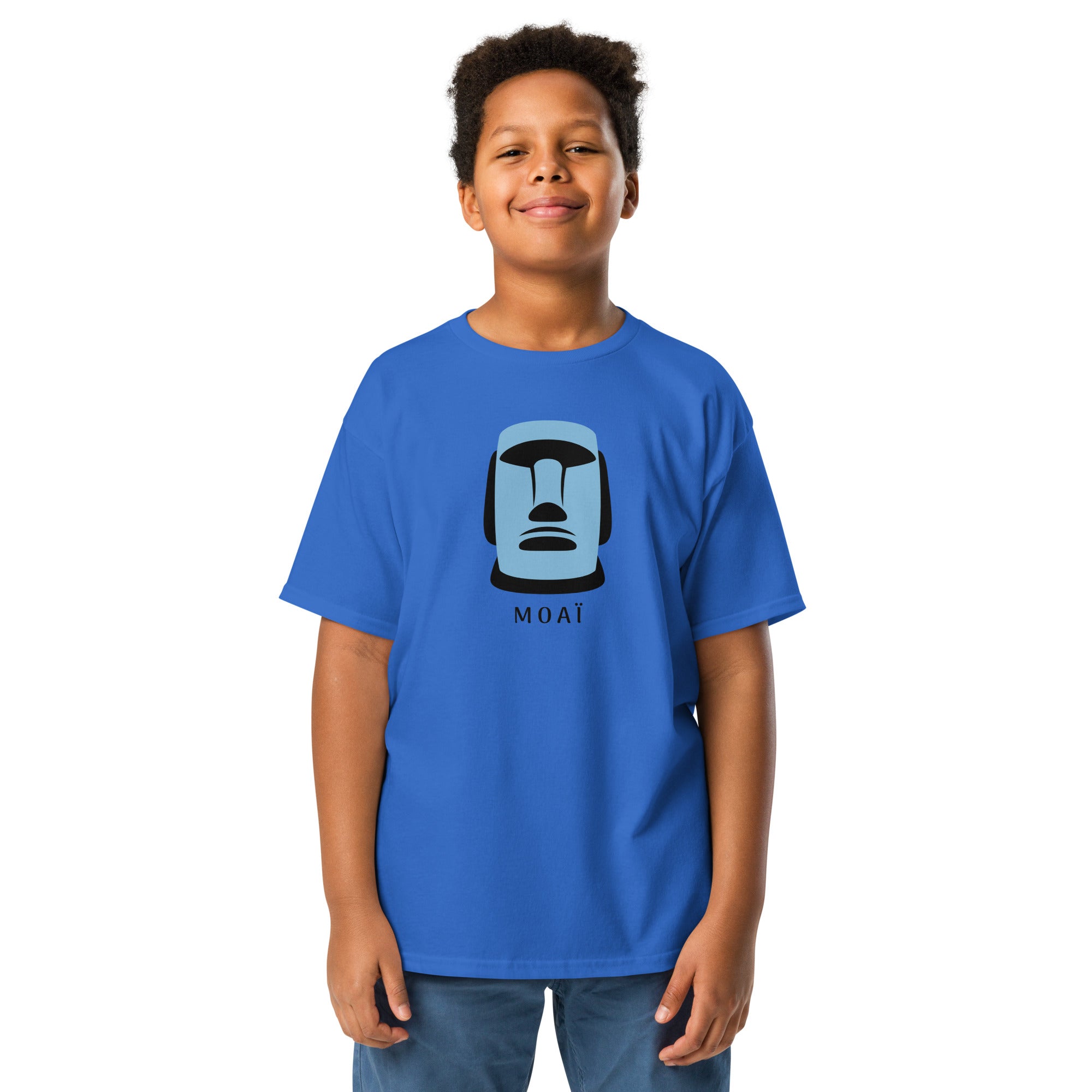 T-shirt bleu illustration Moaï statue Île de Pâques design graphique