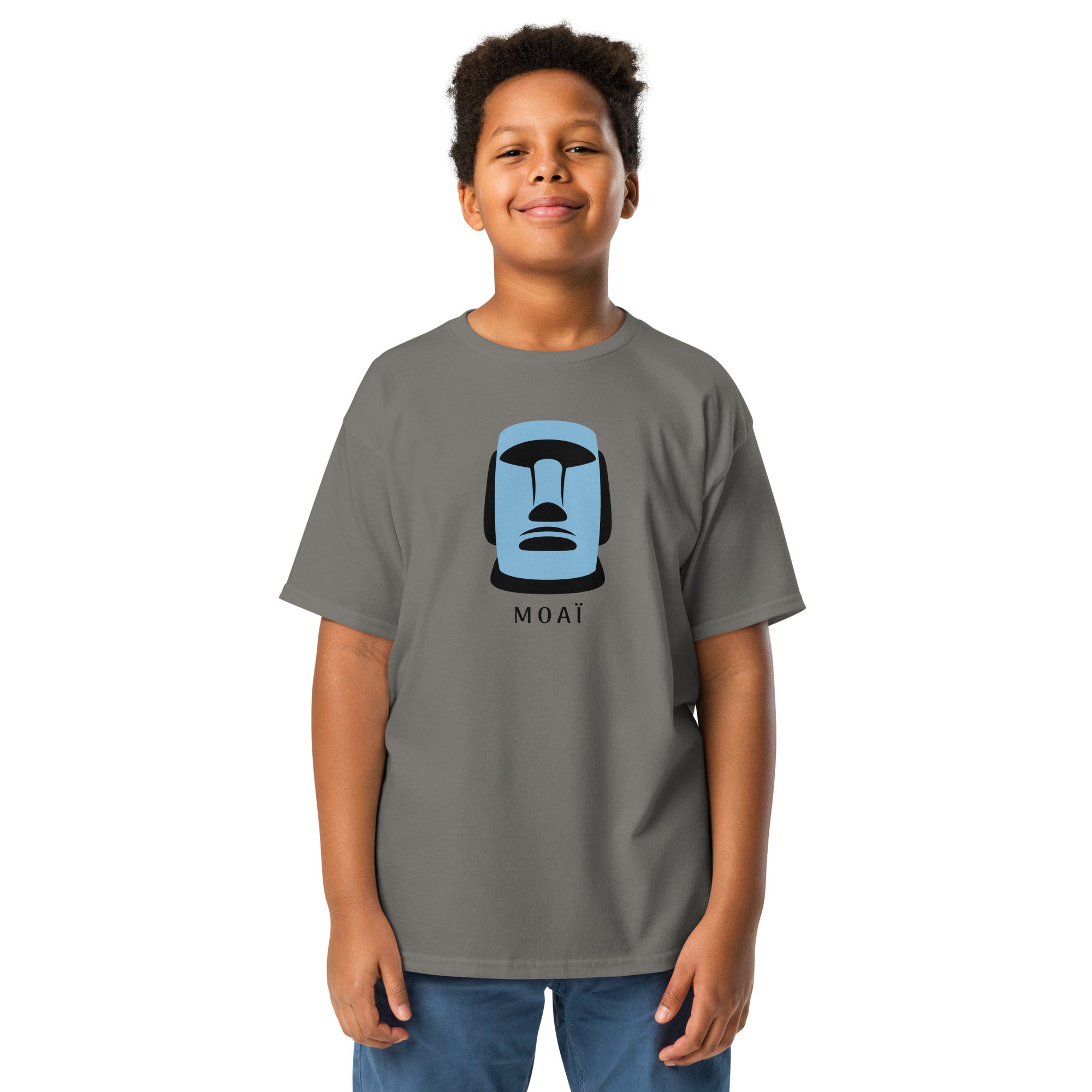 T-shirt gris foncé illustration Moaï statue Île de Pâques design graphique