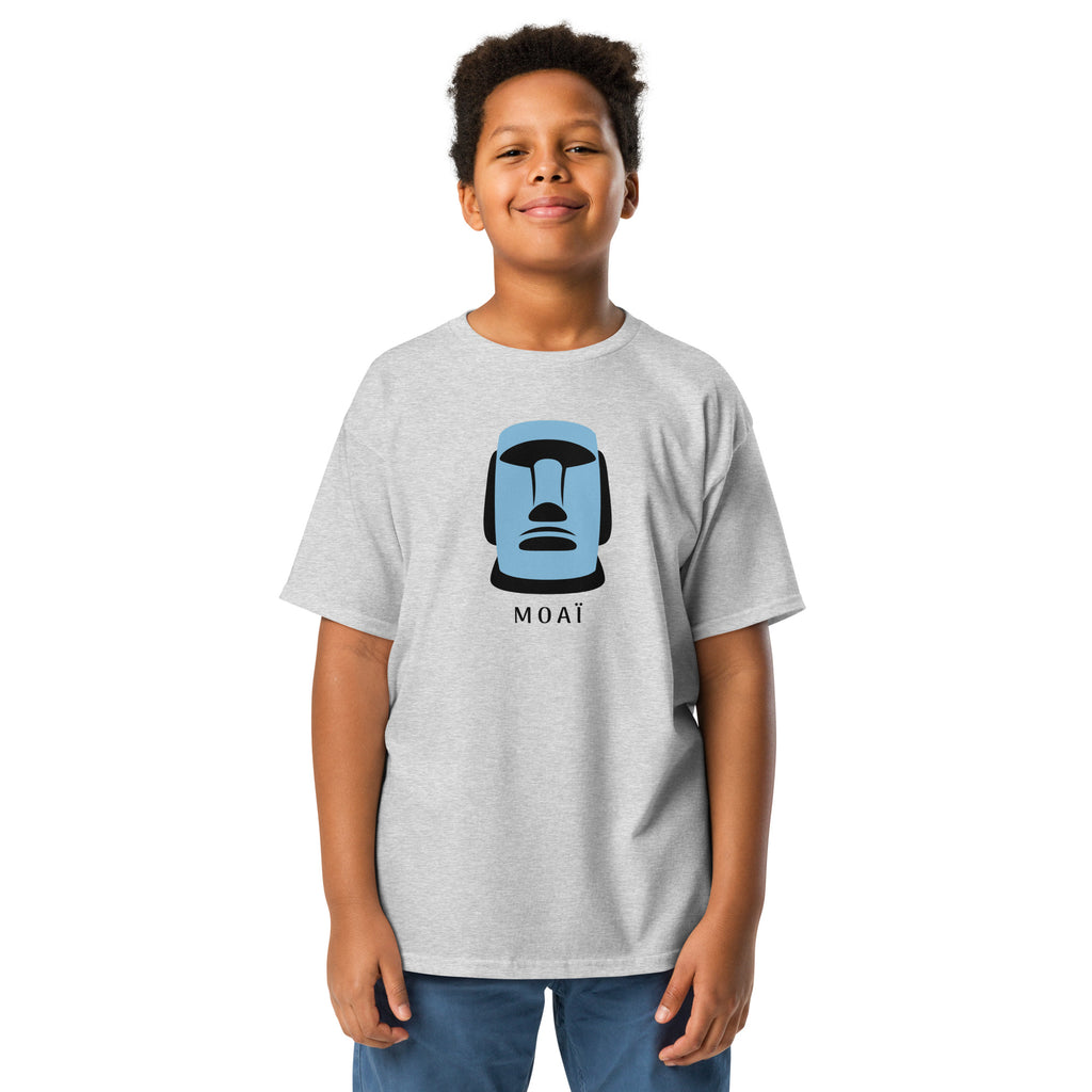 T-shirt gris illustration Moaï statue Île de Pâques design graphique