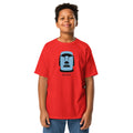T-shirt rouge illustration Moaï statue Île de Pâques design graphique