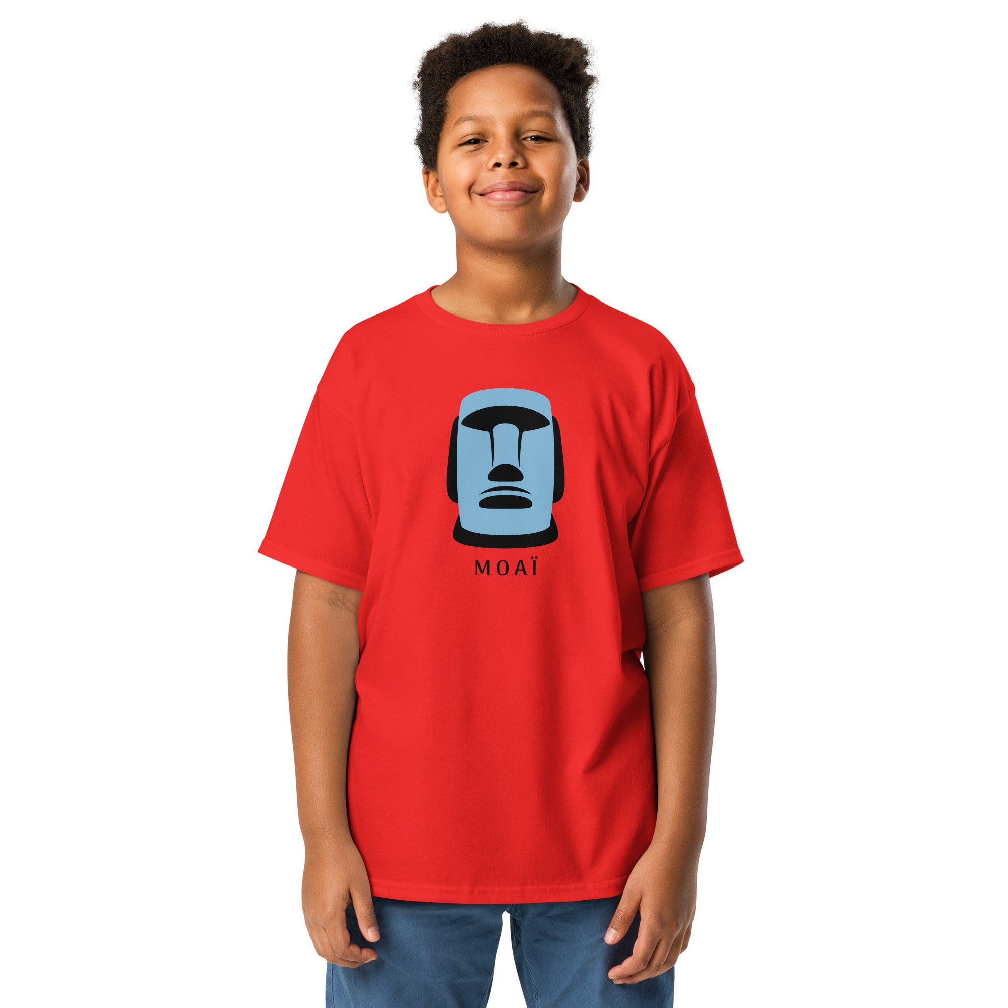 T-shirt rouge illustration Moaï statue Île de Pâques design graphique