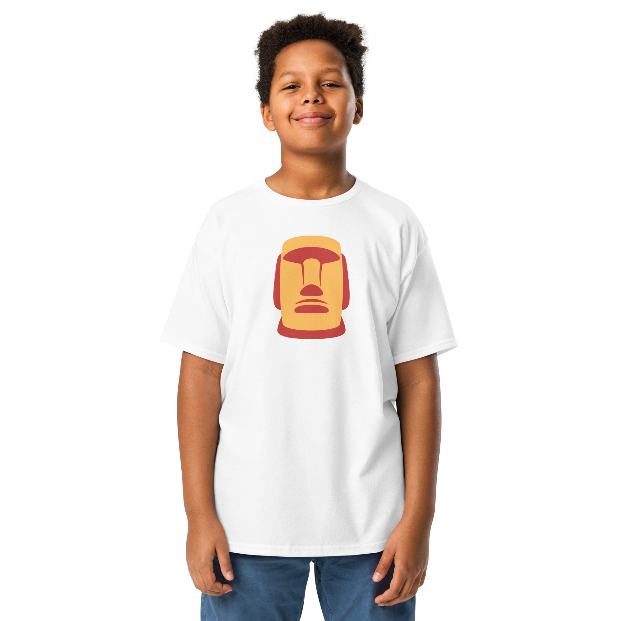 T-shirt blanc illustration Moaï statue Île de Pâques design graphique
