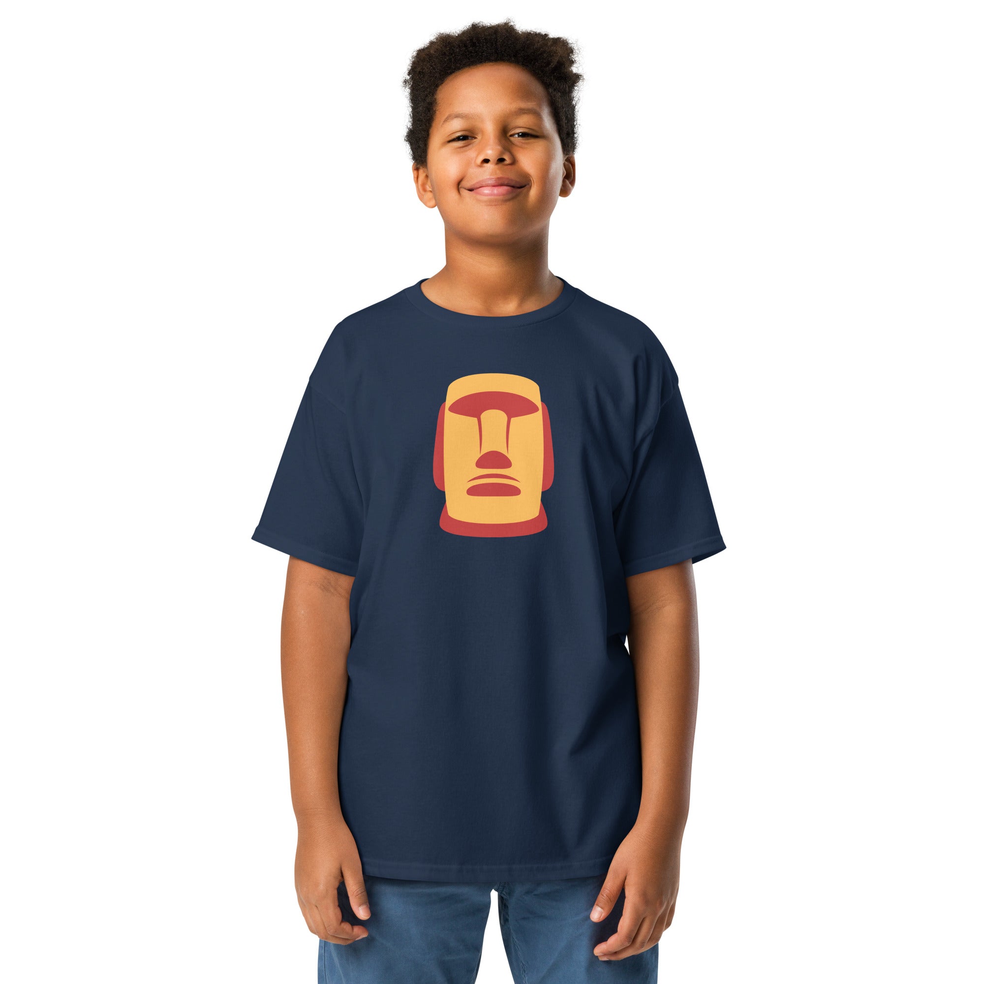 T-shirt bleu marine illustration Moaï statue Île de Pâques design graphique