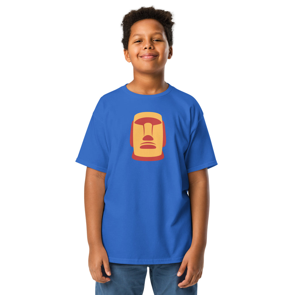 T-shirt bleu illustration Moaï statue Île de Pâques design graphique