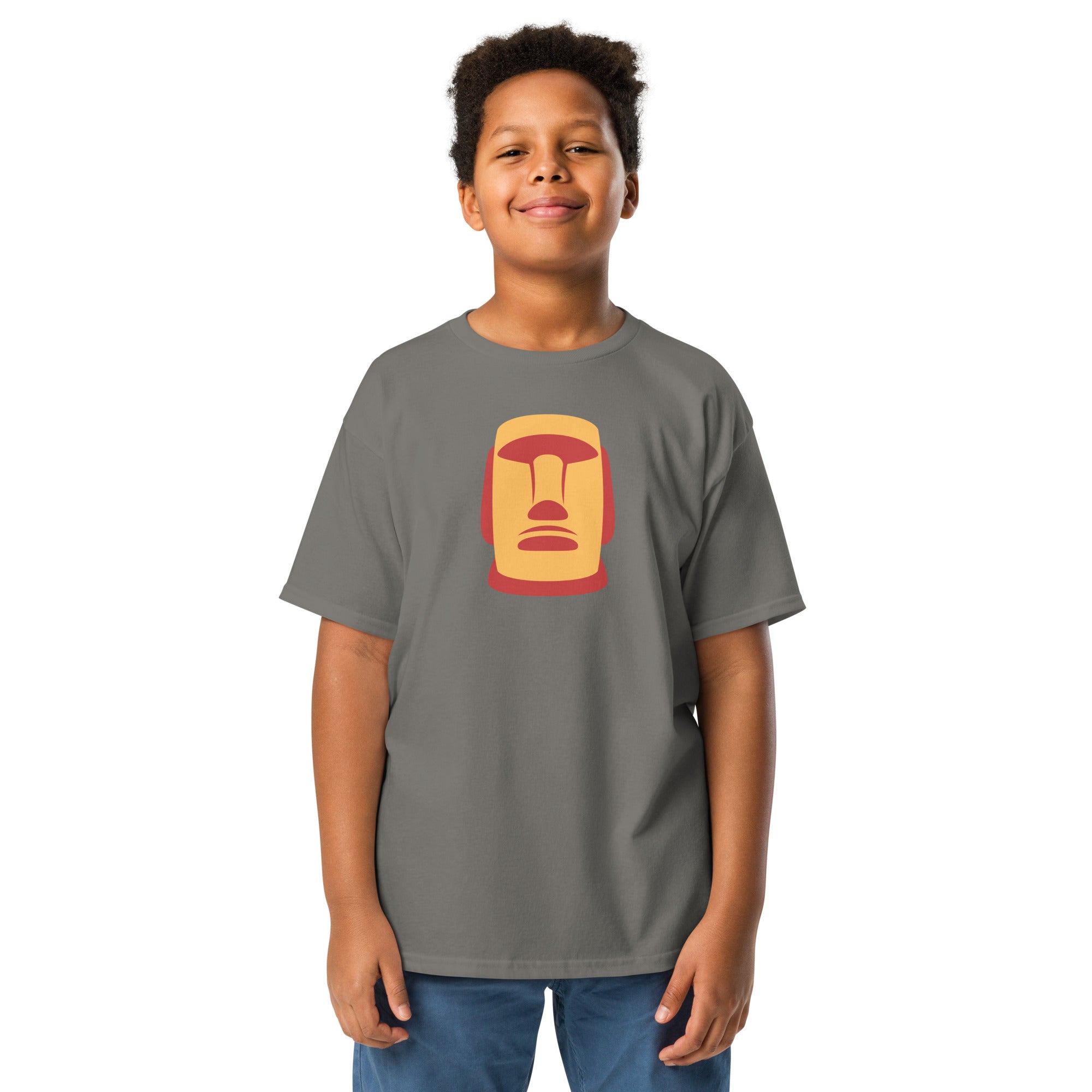 T-shirt gris illustration Moaï statue Île de Pâques design graphique