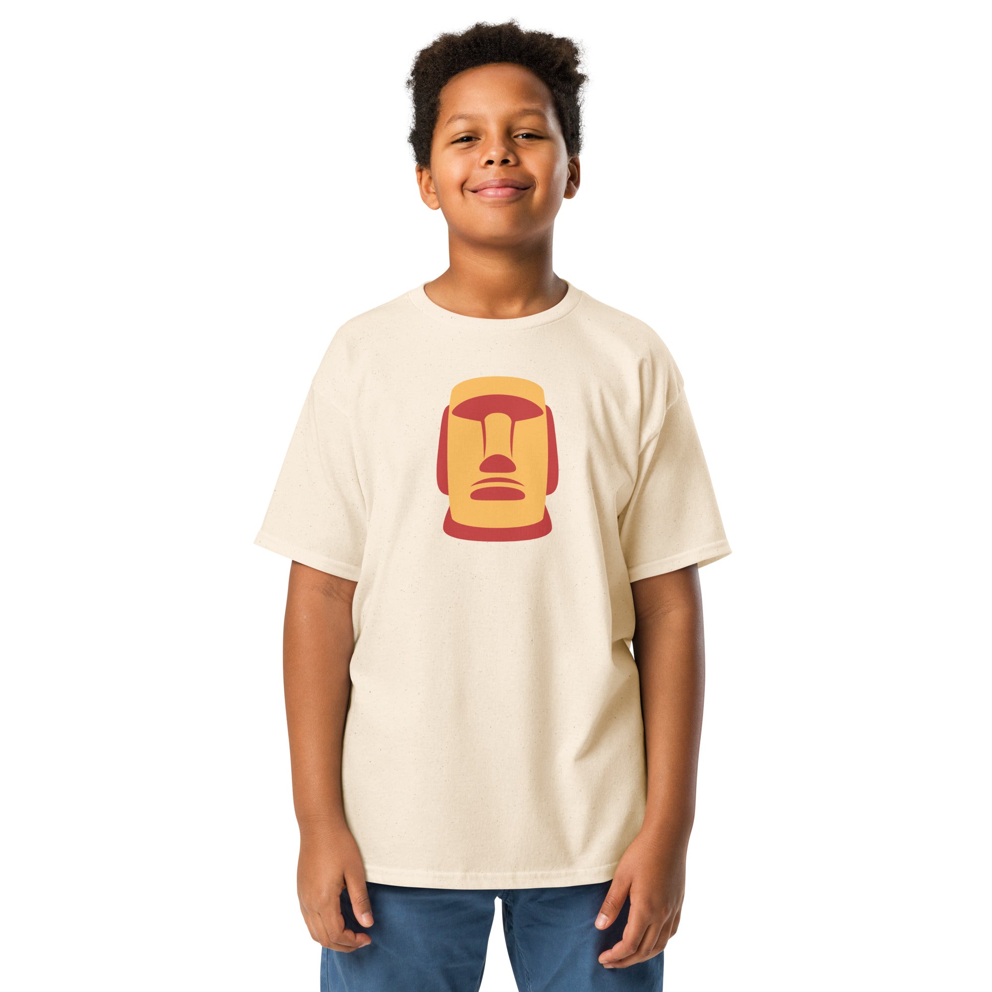 T-shirt jaune clair illustration Moaï statue Île de Pâques design graphique
