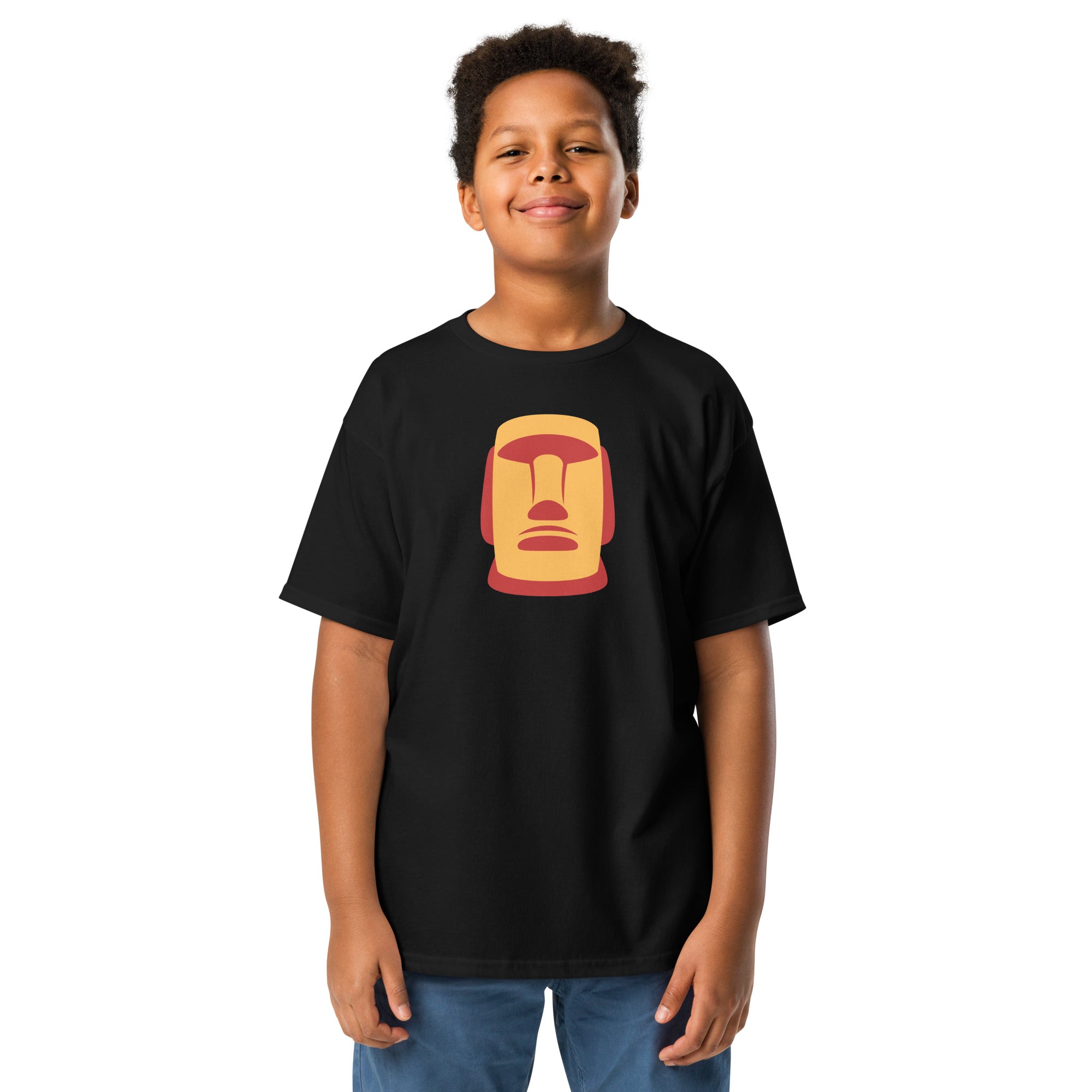 T-shirt noir illustration Moaï statue Île de Pâques design graphique