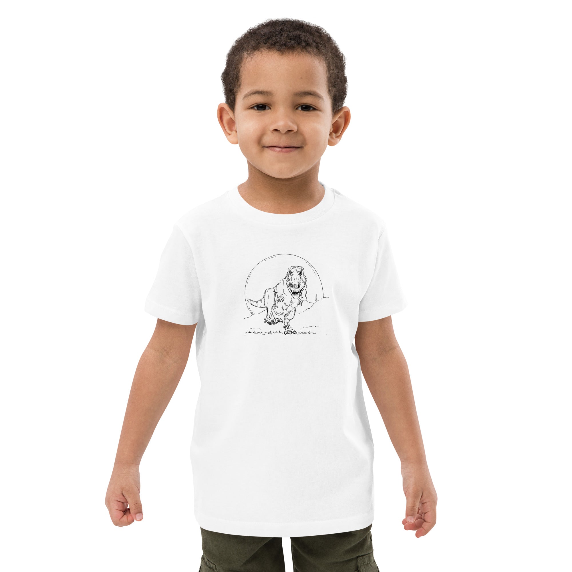 T-shirt blanc enfant illustration Tyrannosaure Rex dessin ligne dinosaure paléontologie