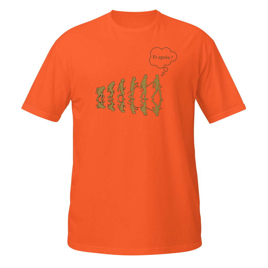 T-shirt orange illustration évolution humaine humoristique et après