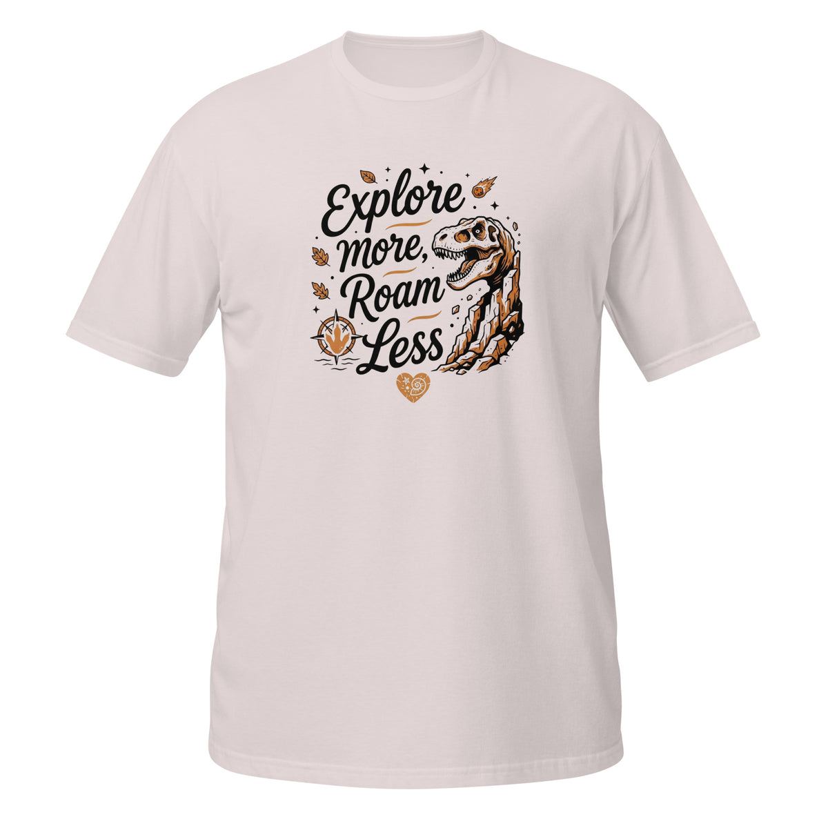 T-shirt à manches courtes avec illustration T-Rex fossile et texte "Explore more, roam less"
