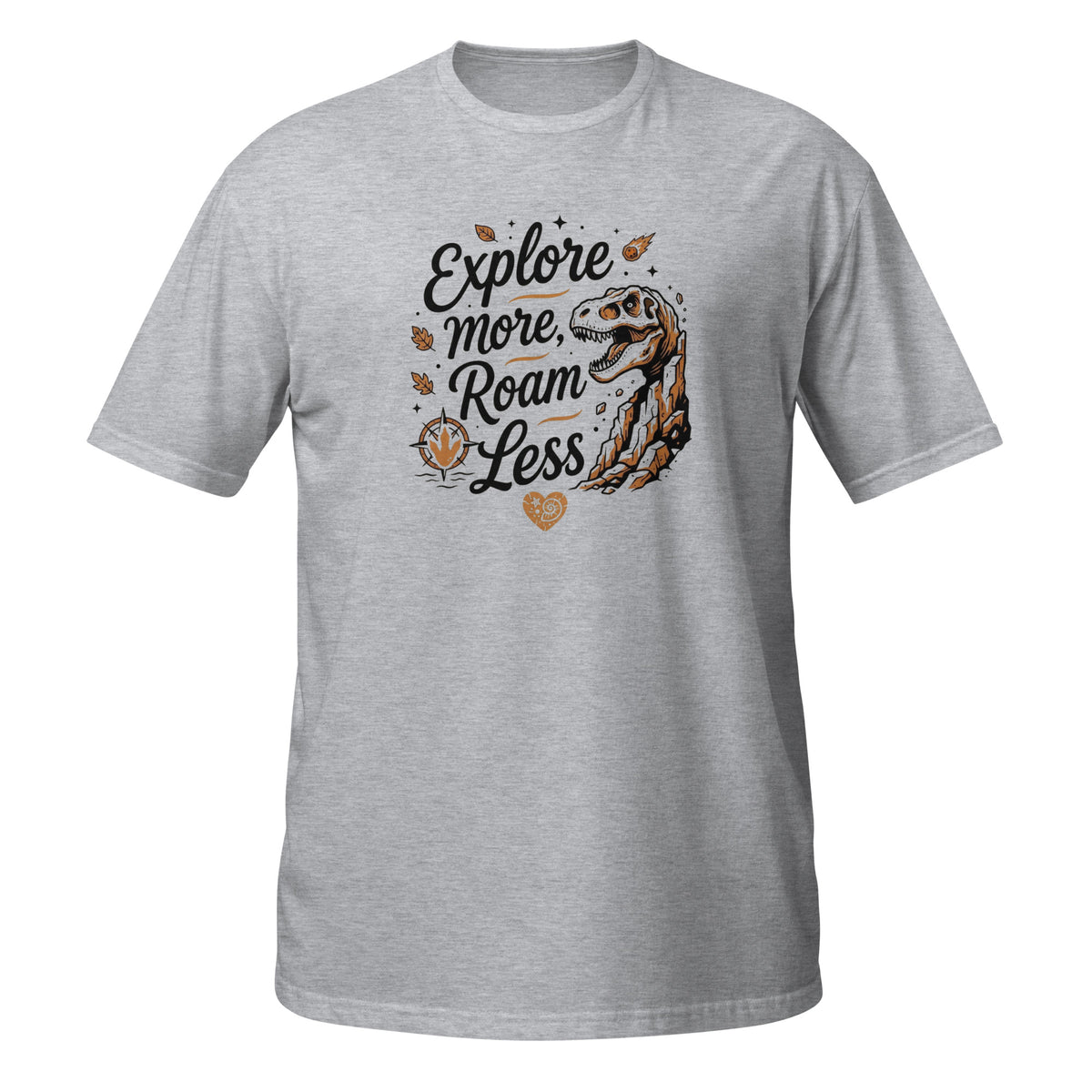 T-shirt gris à manches courtes avec illustration T-Rex fossile et texte "Explore more, roam less"