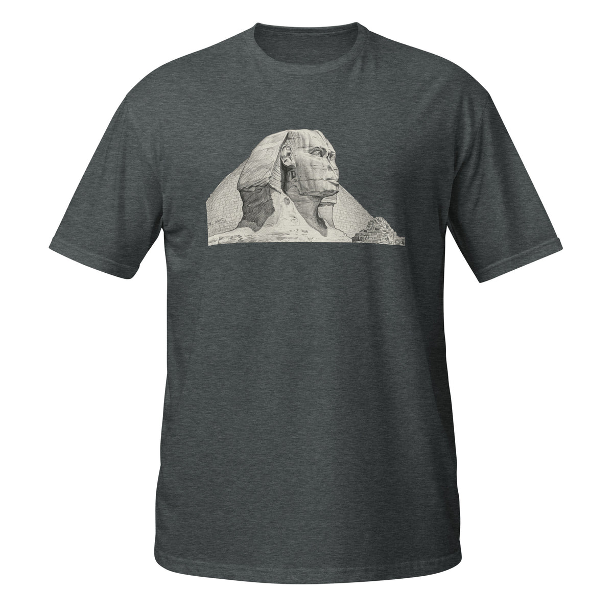 T-shirt gris chiné avec illustration au crayon du Sphinx de Gizeh et des pyramides d'Égypte