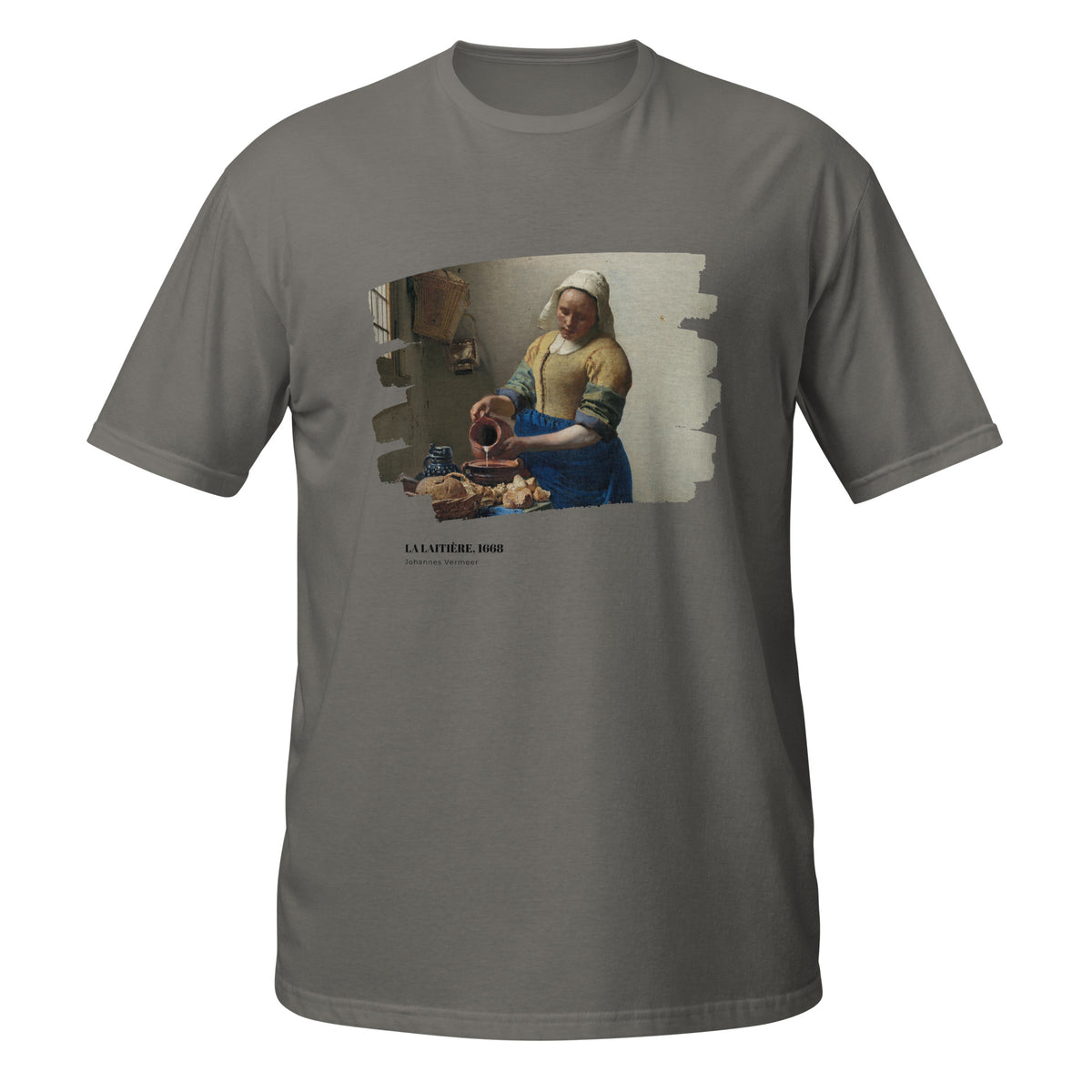 T-shirt gris foncé avec reproduction du tableau "La Laitière" de Johannes Vermeer, effet toile déchirée