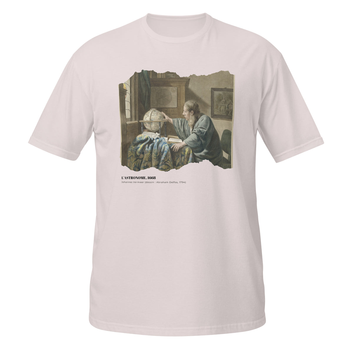 T-shirt gris givré avec motif de "L'Astronome" de Vermeer, effet papier déchiré, texte "L'Astronome, 1668"