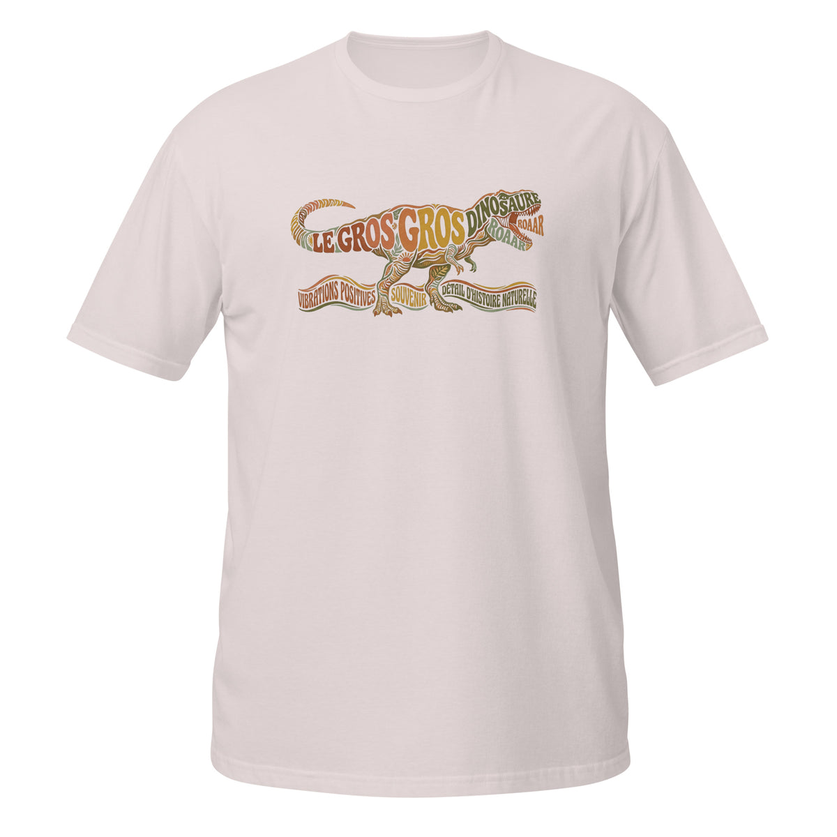 T-shirt gris givré dinosaure au design typographique rétro "Le Gros Gros Dinosaure" avec T-Rex coloré