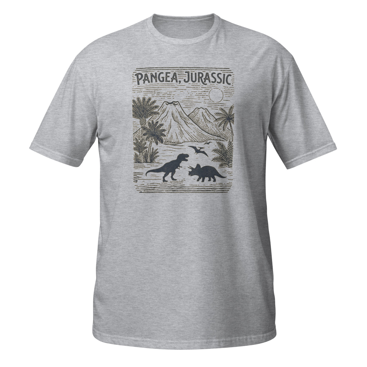 T-shirt gris avec illustration style gravure de T-Rex, Tricératops et volcans, motif "Pangea, Jurassic"