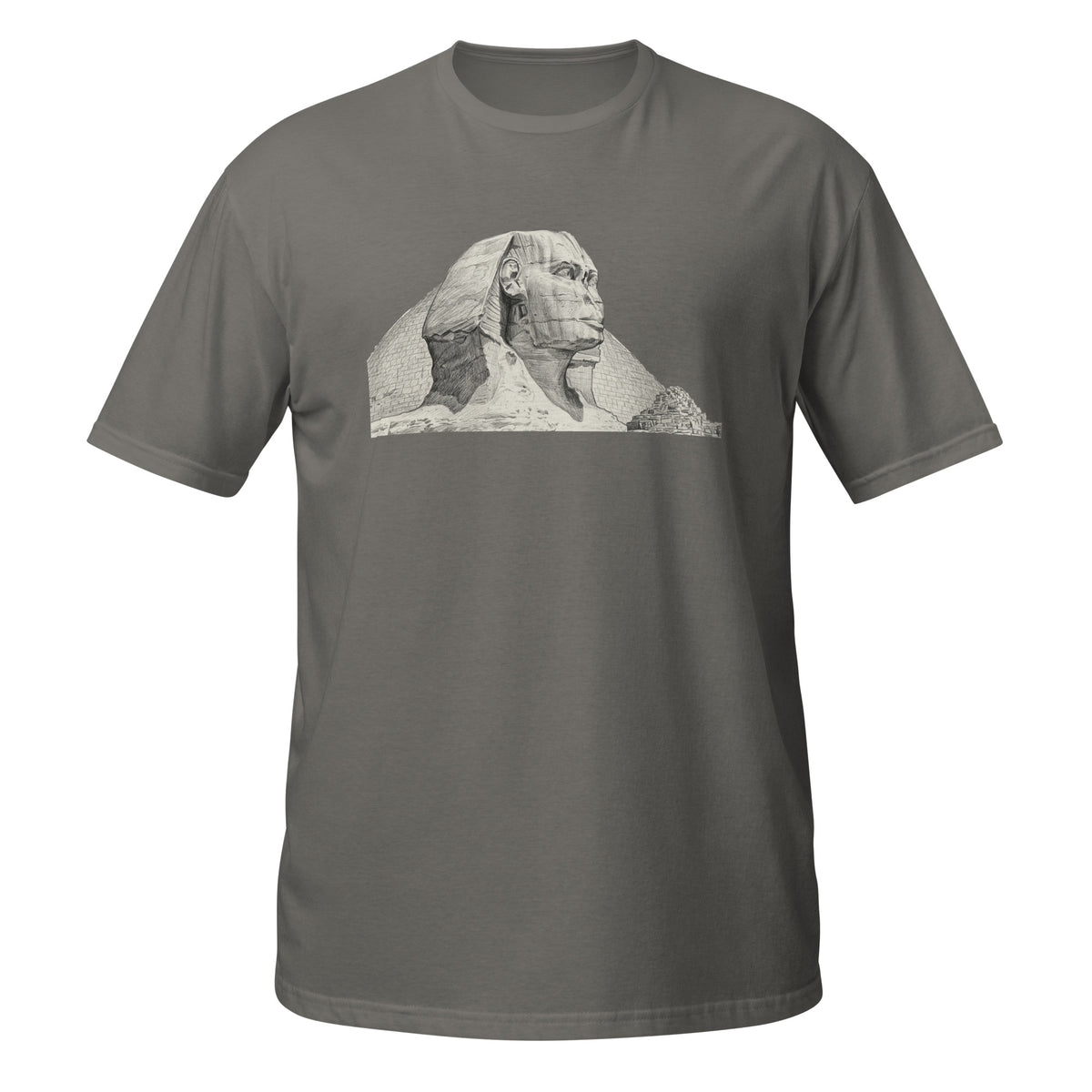 T-shirt gris foncé avec illustration au crayon du Sphinx de Gizeh et des pyramides d'Égypte