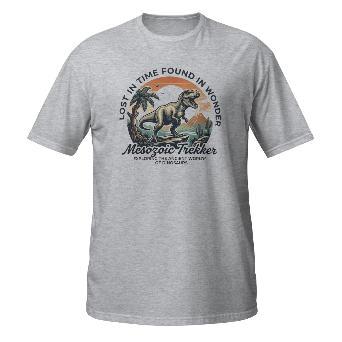 T-shirt gris avec illustration badge circulaire T-Rex "Mesozoic Trekker" et texte "Lost in time, found in wonder"