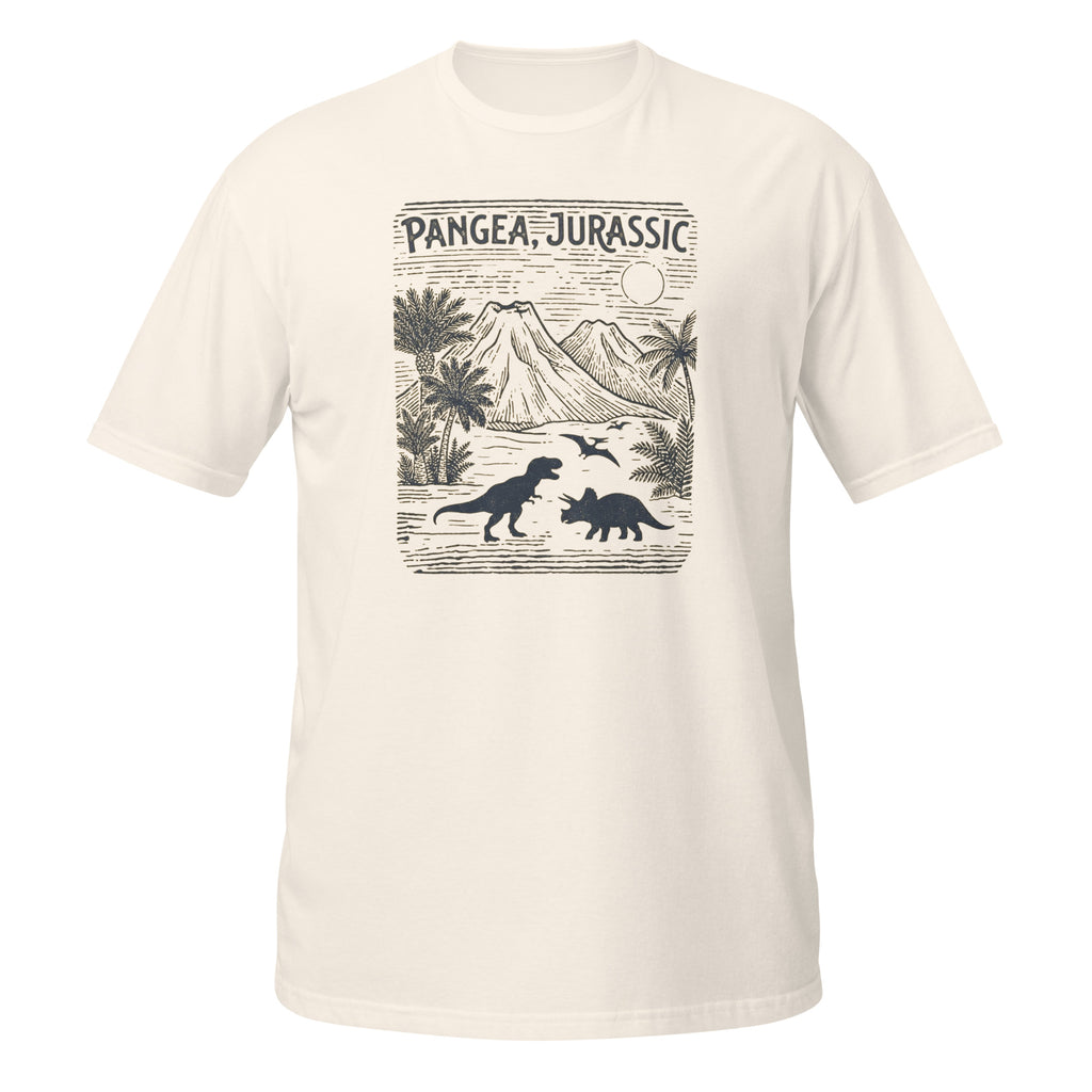 T-shirt blanc avec illustration style gravure de T-Rex, Tricératops et volcans, motif "Pangea, Jurassic"