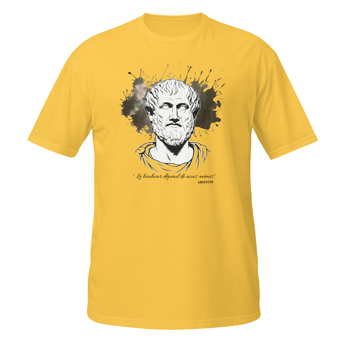 T-shirt jaune avec buste antique d'Aristote, éclaboussures d'encre en arrière-plan et citation "Le bonheur dépend de nous-mêmes"