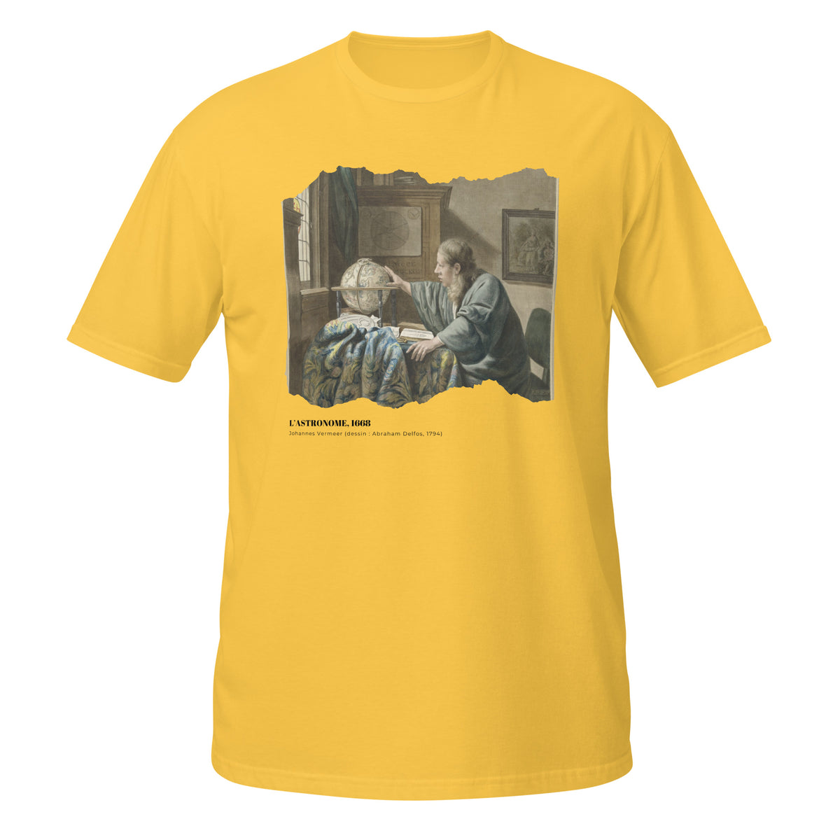 T-shirt jaune avec motif de L'Astronome de Vermeer, effet papier déchiré, texte L'Astronome, 1668