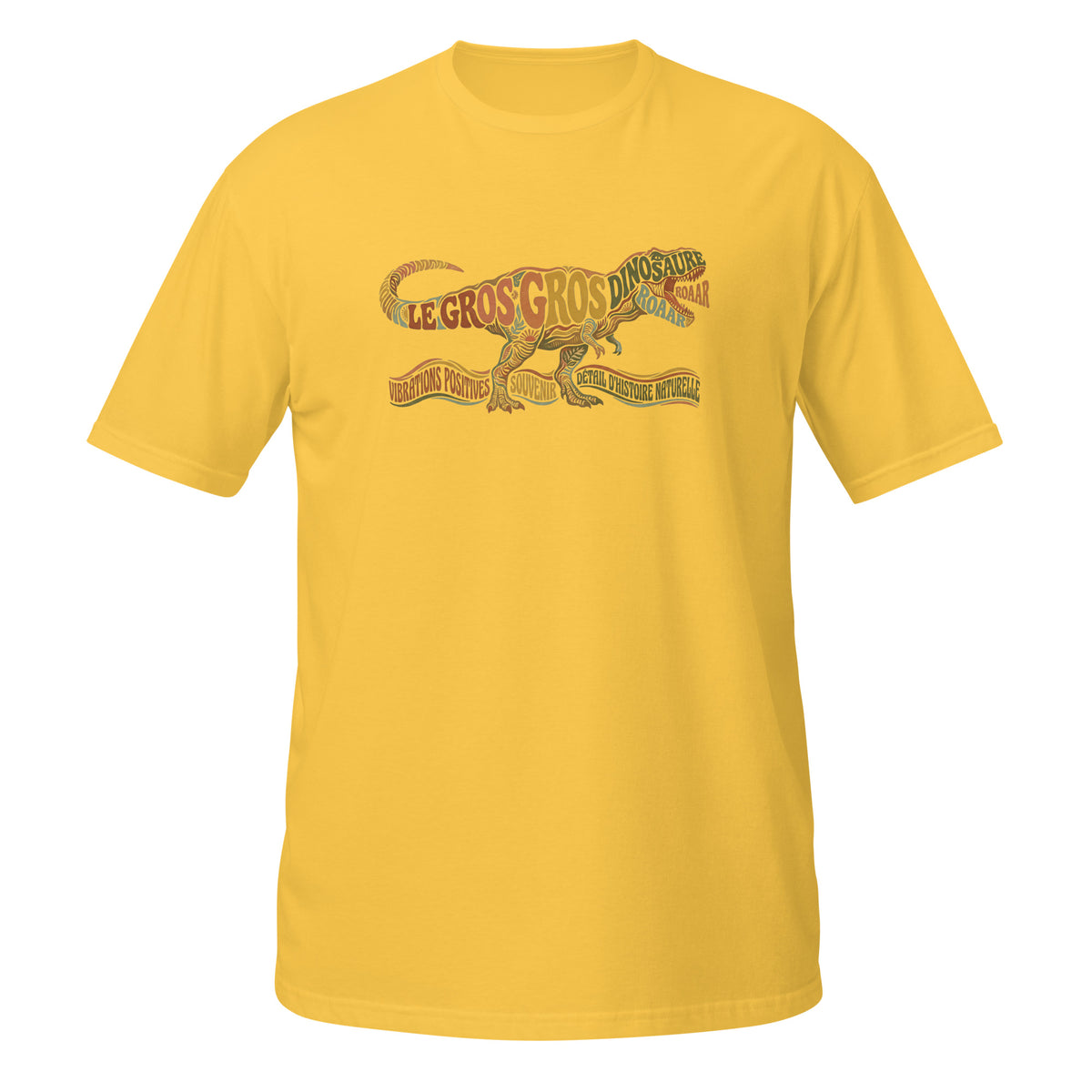 T-shirt jaune dinosaure au design typographique rétro "Le Gros Gros Dinosaure" avec T-Rex coloré