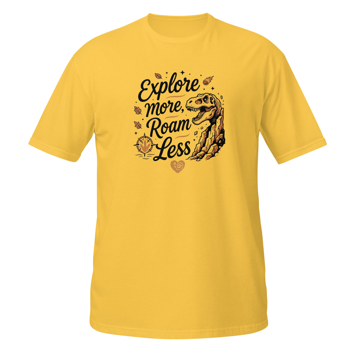T-shirt jaune à manches courtes avec illustration T-Rex fossile et texte "Explore more, roam less"