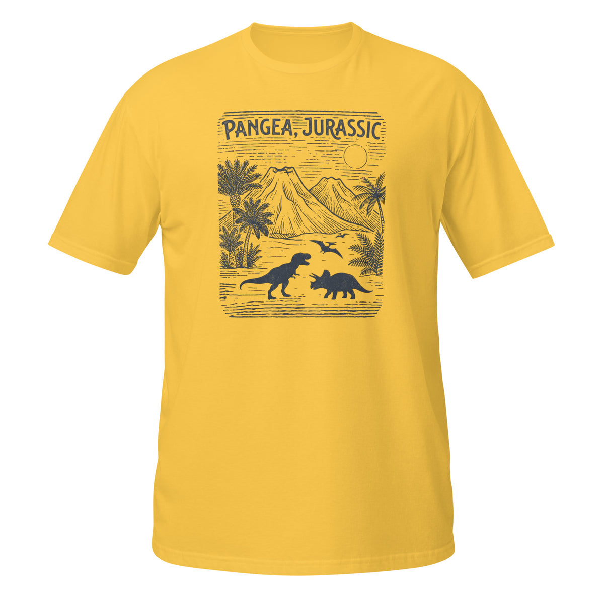 T-shirt jaune avec illustration style gravure de T-Rex, Tricératops et volcans, motif "Pangea, Jurassic"