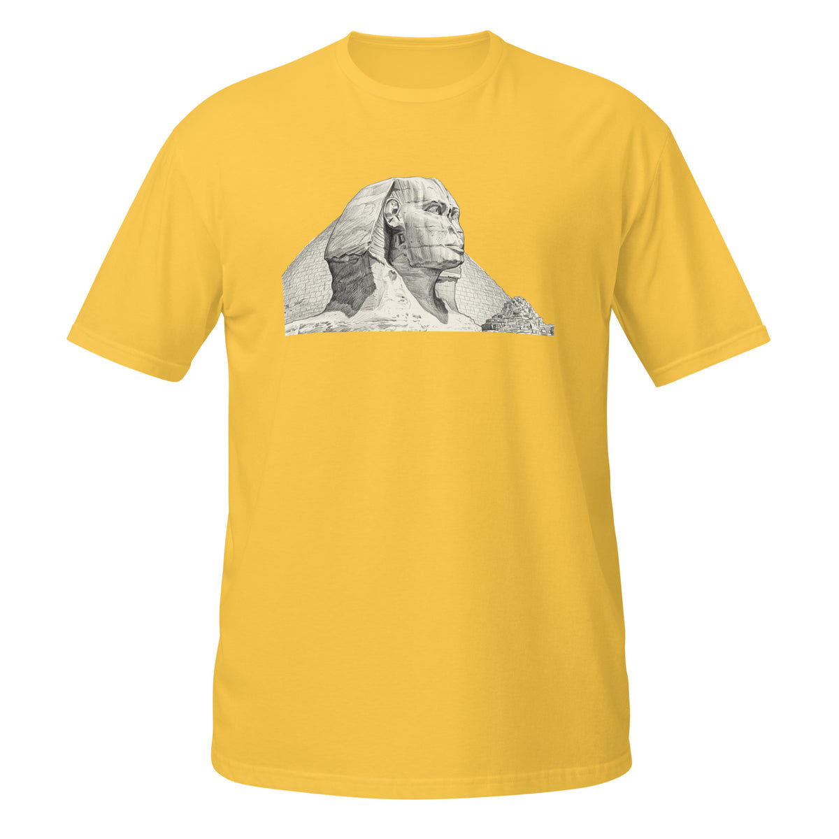 T-shirt jaune avec illustration au crayon du Sphinx de Gizeh et des pyramides d'Égypte