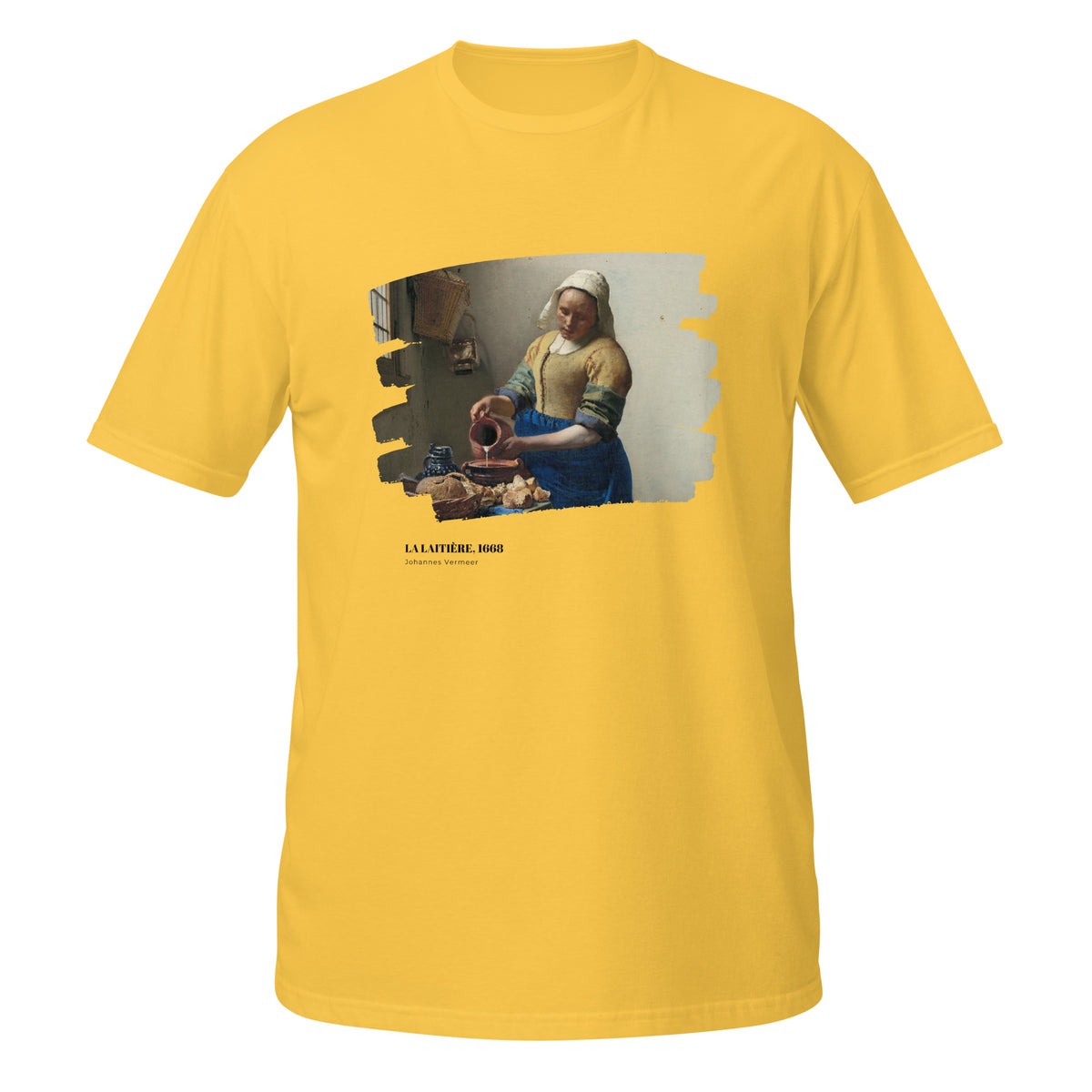 T-shirt jaune avec reproduction du tableau "La Laitière" de Johannes Vermeer, effet toile déchirée