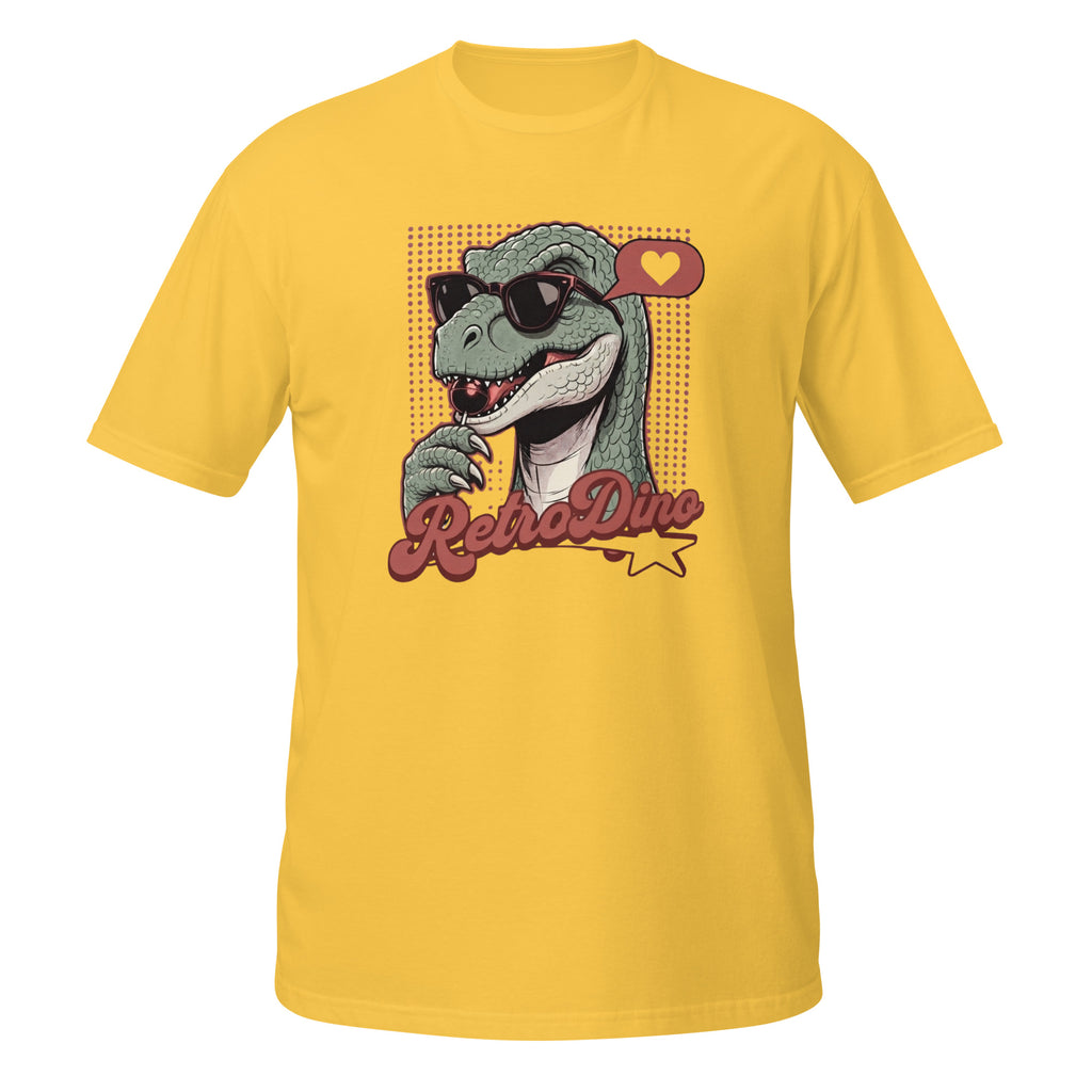 T-shirt jaune avec illustration rétro d'un dinosaure à lunettes de soleil et texte "RetroDino"