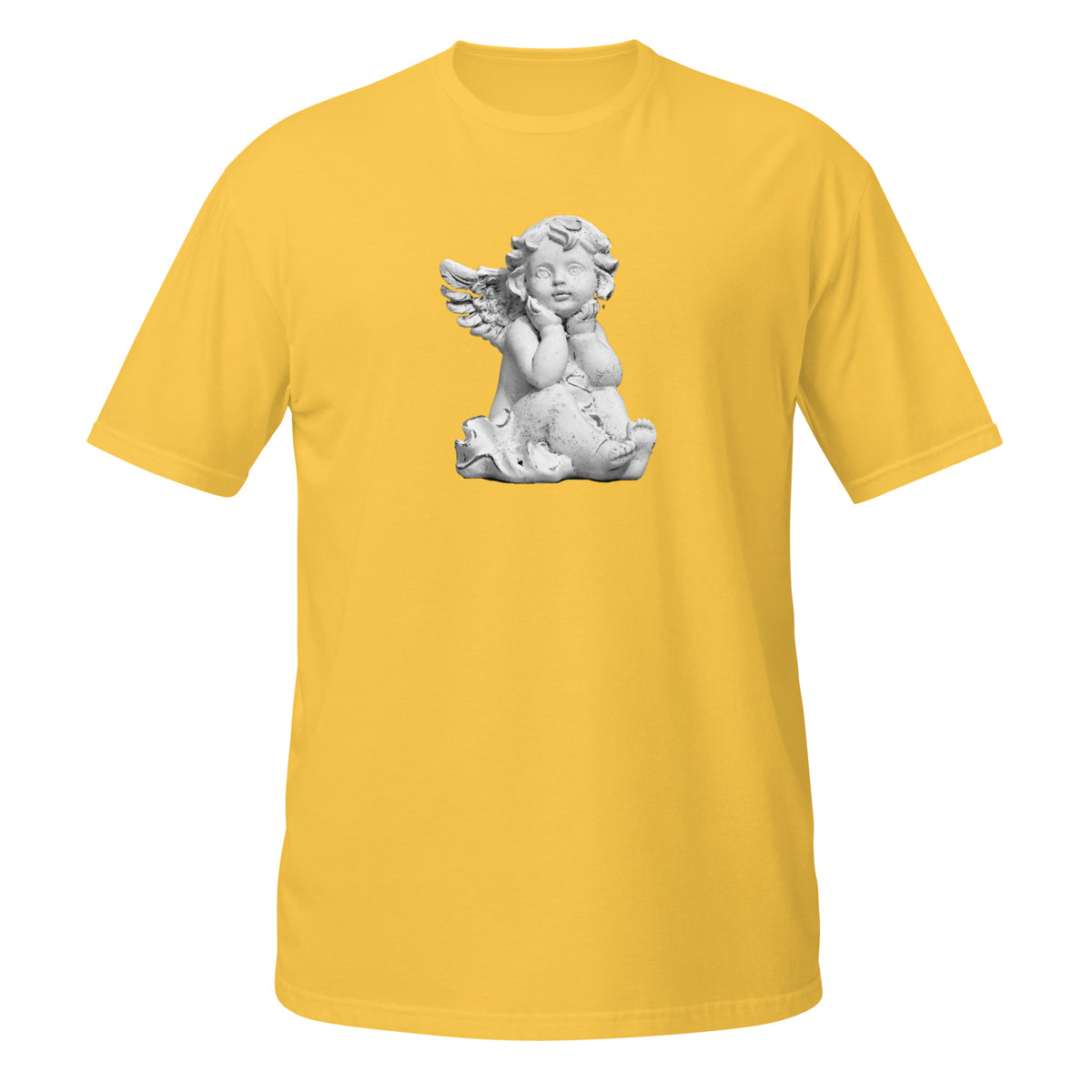 T-shirt jaune avec illustration d'une statuette d'angelot en pierre, assis et le menton posé sur les mains, regard tourné vers le ciel