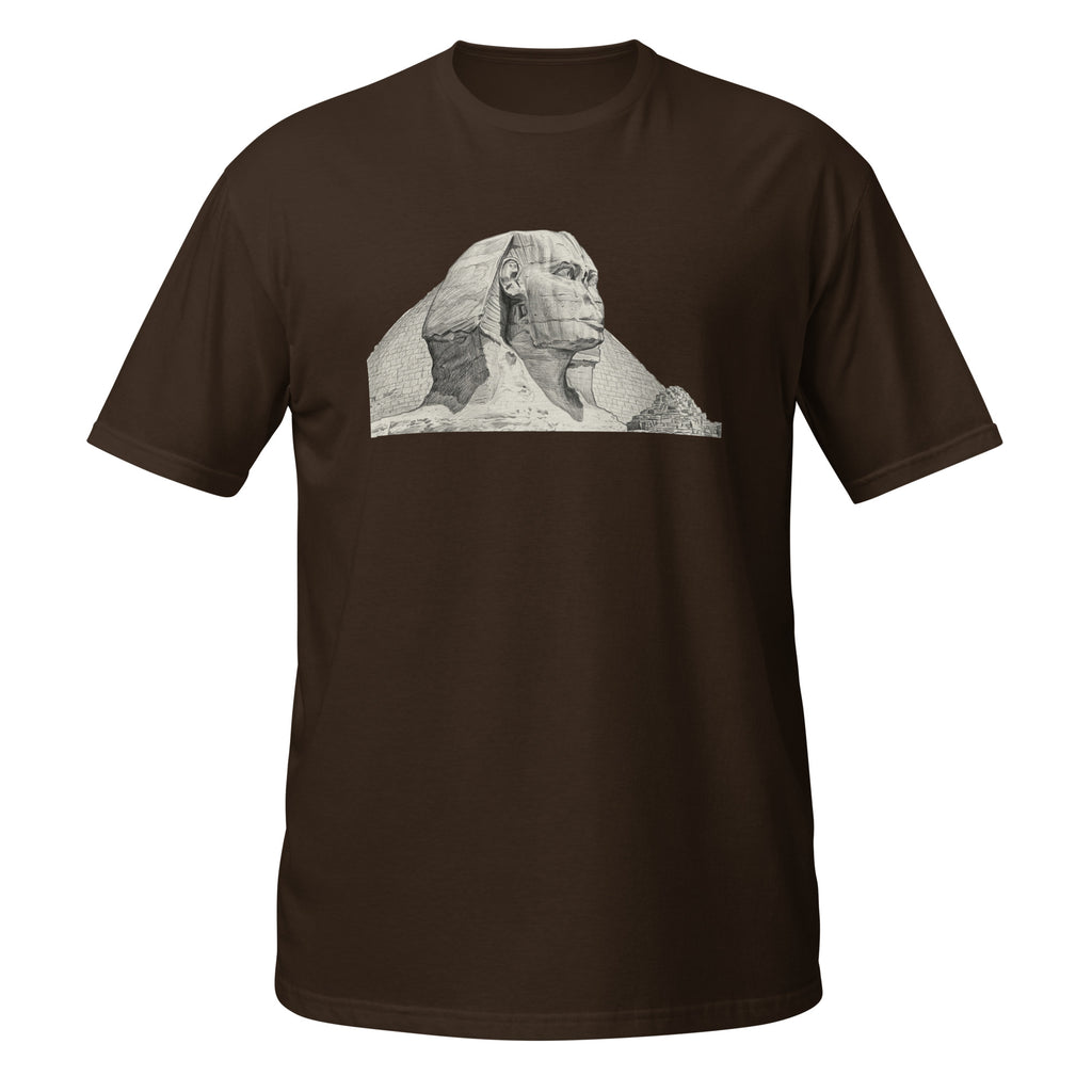 T-shirt marron chocolat avec illustration au crayon du Sphinx de Gizeh et des pyramides d'Égypte
