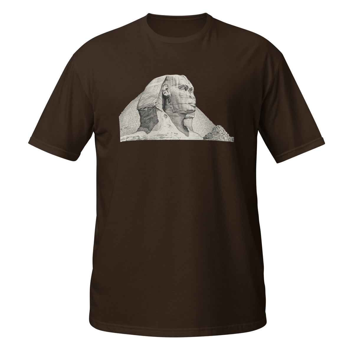 T-shirt marron chocolat avec illustration au crayon du Sphinx de Gizeh et des pyramides d'Égypte