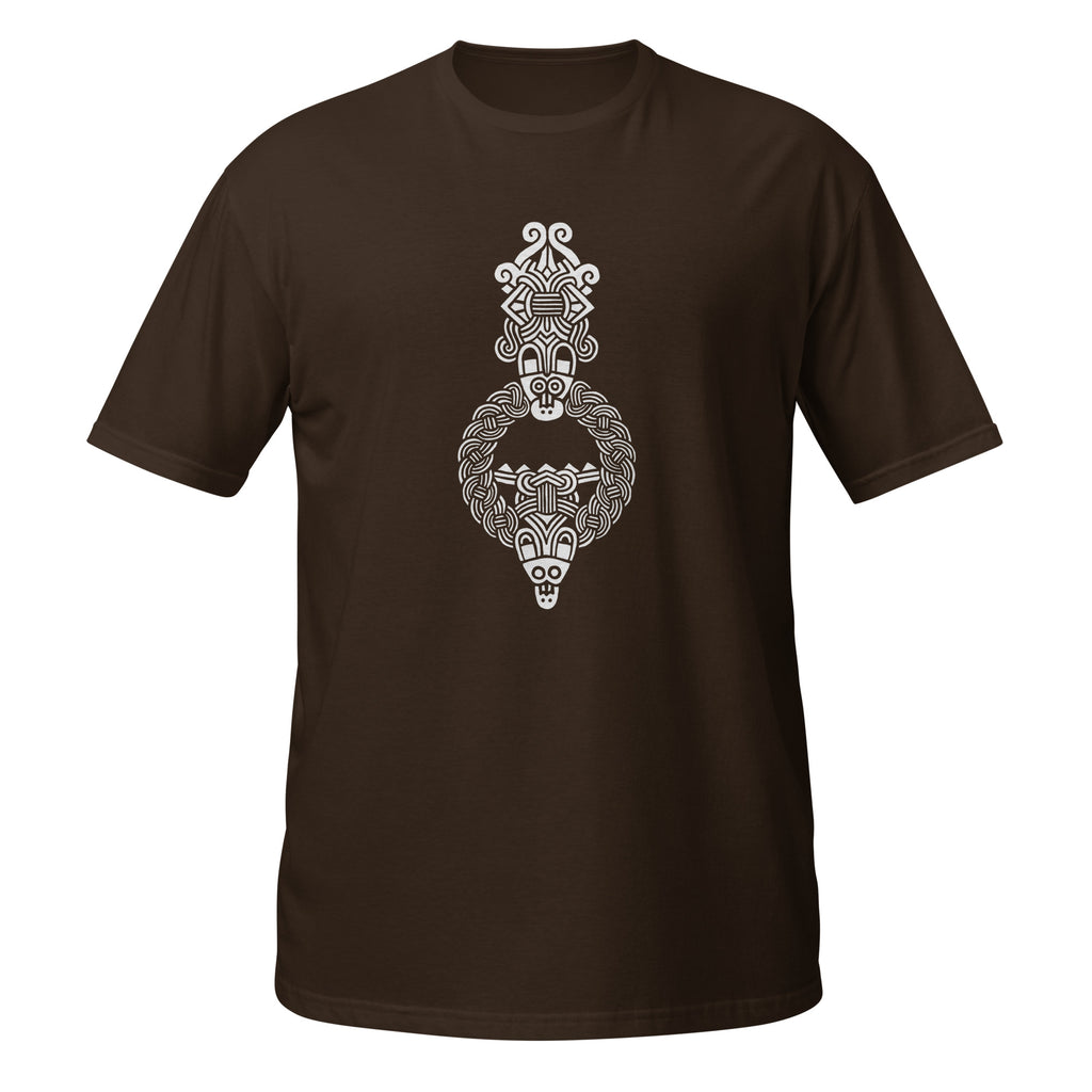T-shirt marron motif viking entrelacs vertical nordique blanc