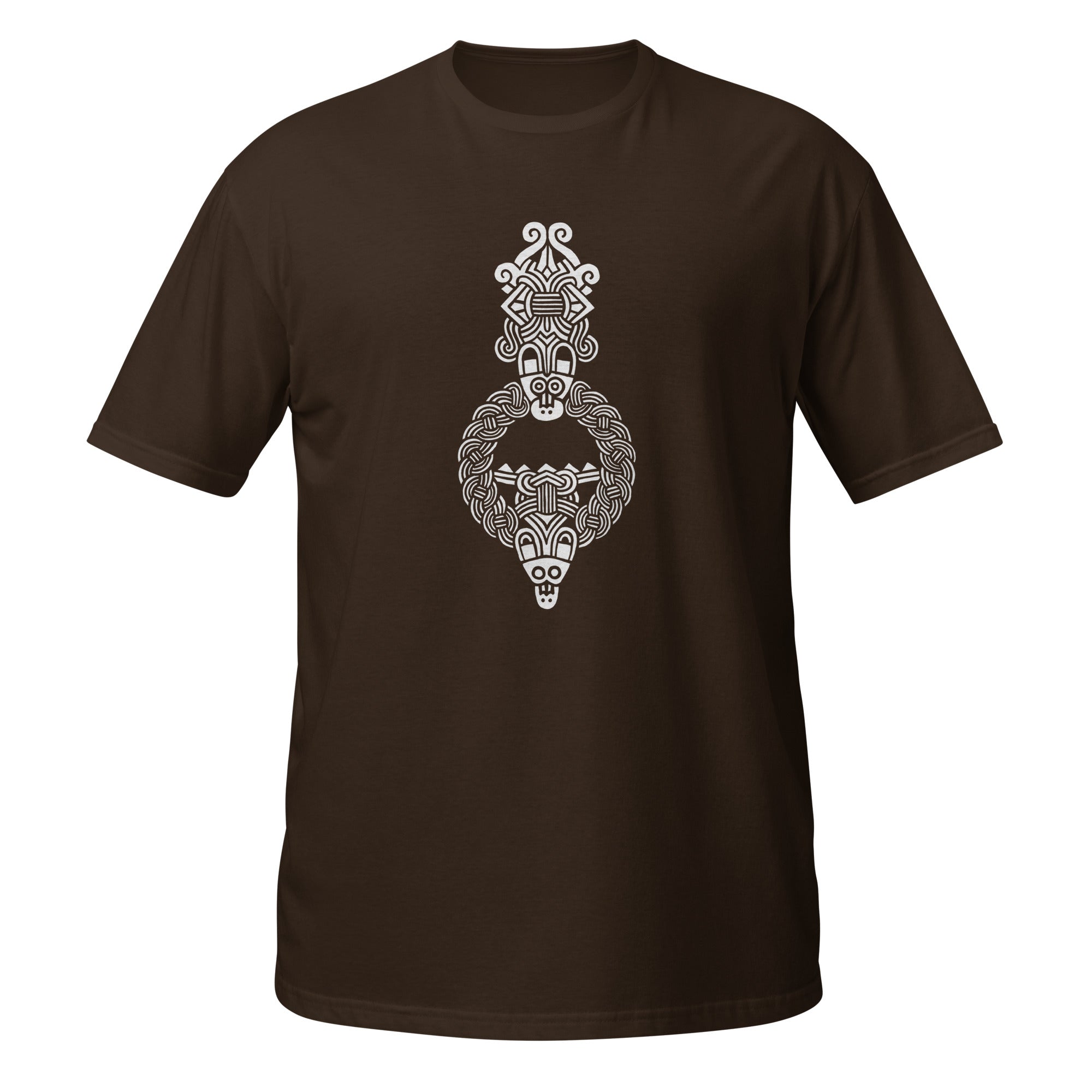 T-shirt marron motif viking entrelacs vertical nordique blanc