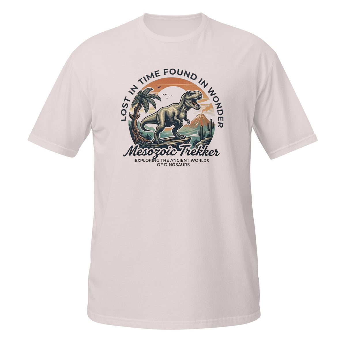 T-shirt avec illustration badge circulaire T-Rex "Mesozoic Trekker" et texte "Lost in time, found in wonder"
