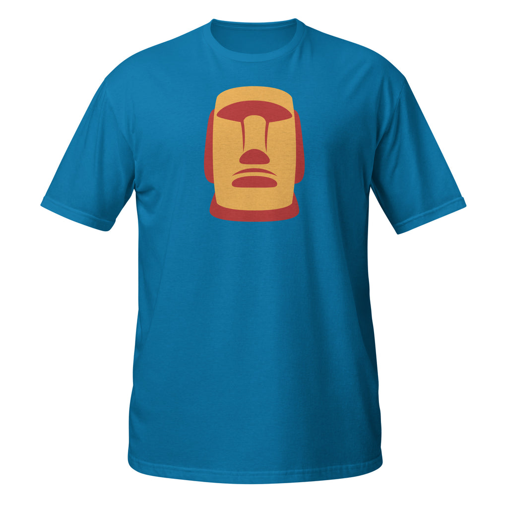 T-shirt bleu illustration Moaï statue Île de Pâques design graphique