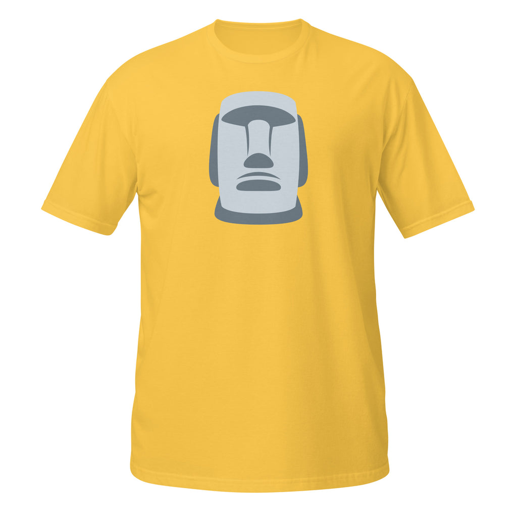 T-shirt jaune illustration Moaï gris statue Île de Pâques