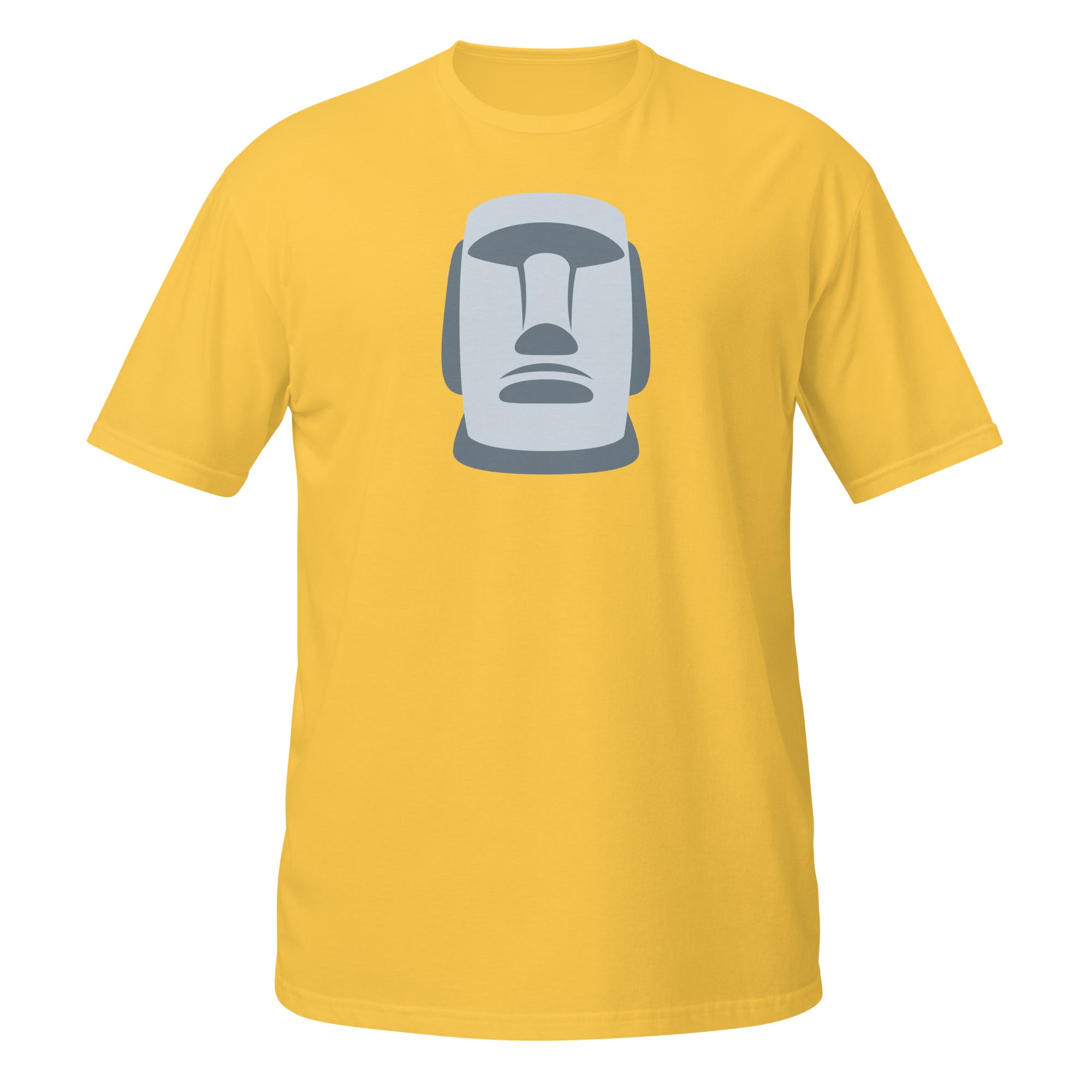 T-shirt jaune illustration Moaï gris statue Île de Pâques