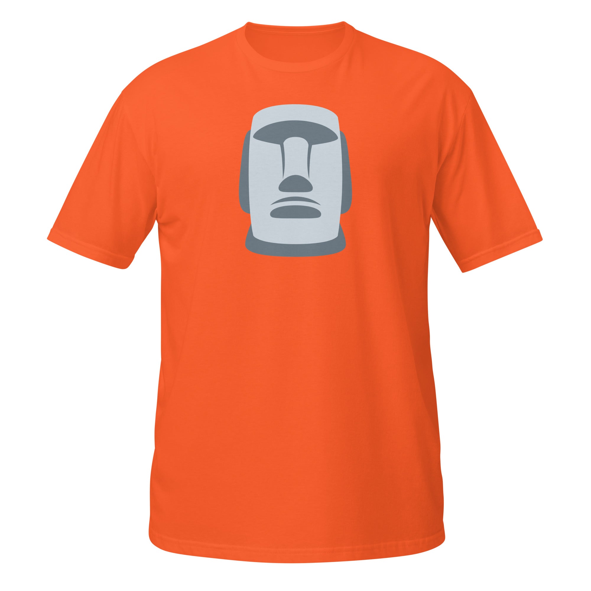 T-shirt orange illustration Moaï gris statue Île de Pâques