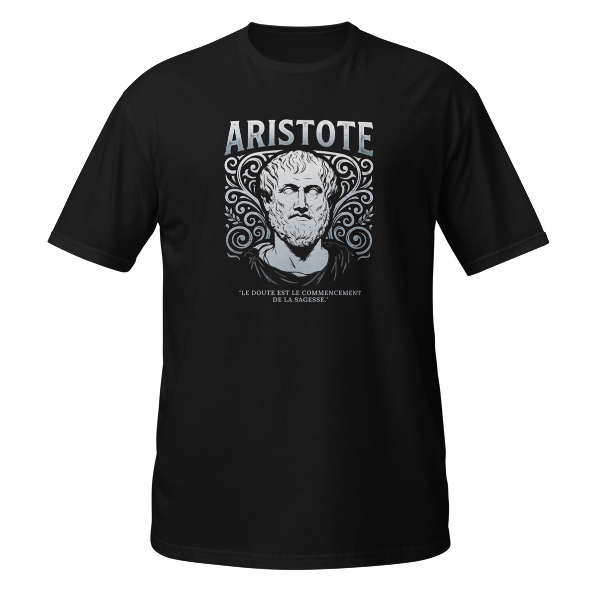 T-shirt noir avec portrait illustré d'Aristote entouré d'ornements décoratifs, avec la citation "Le doute est le commencement de la sagesse"